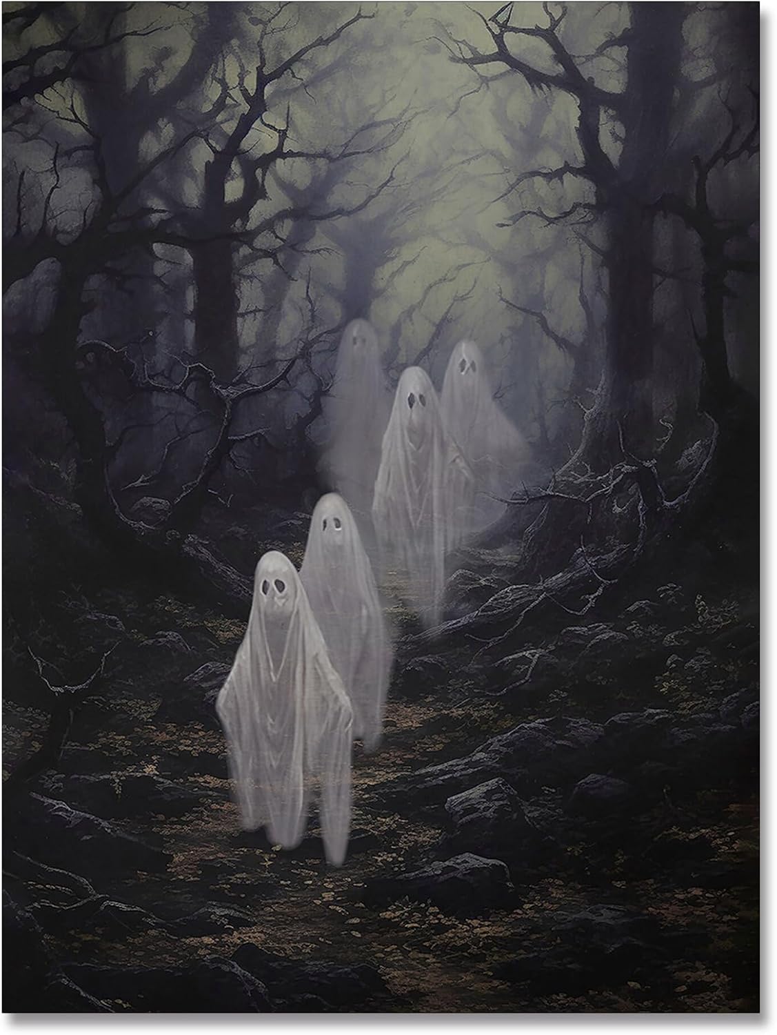 Lienzo vintage de Halloween, arte para pared, lindo fantasma en bosque de otoño embrujado, impresión gótica oscura, academia de Halloween,