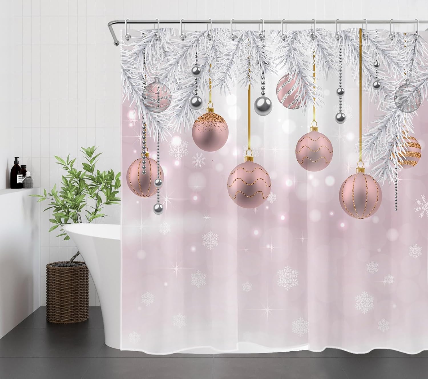 MEUNEAR Cortina de ducha de Navidad con tapete de baño, bolas de Navidad rosas y plateadas, juego de cortina de ducha de rama de abeto con cortina
