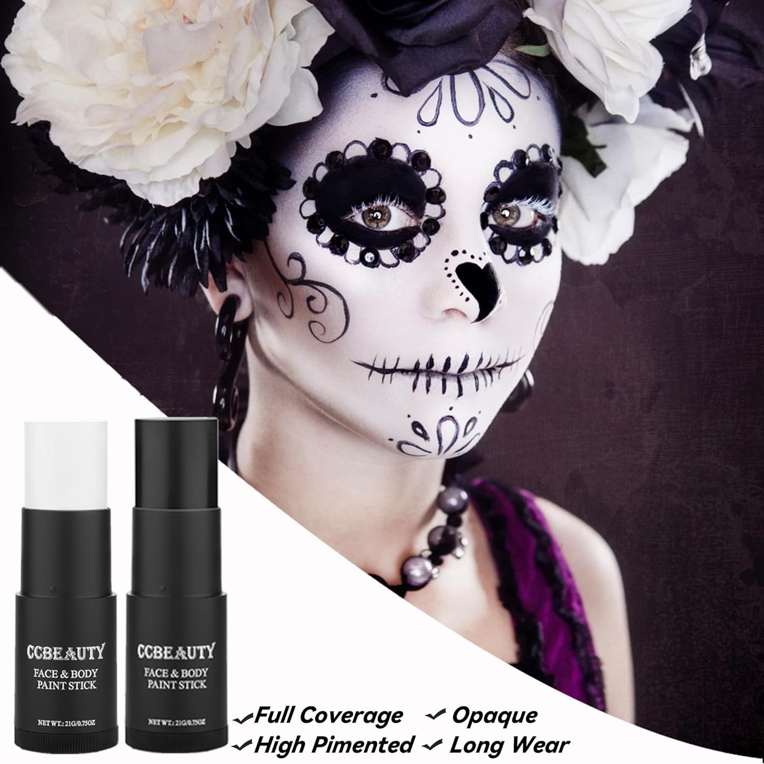 CCBeauty Barra de pintura corporal blanca y negra, color crema de ojos negros para deportes, base mezclable para esqueleto de payaso, vampiro,