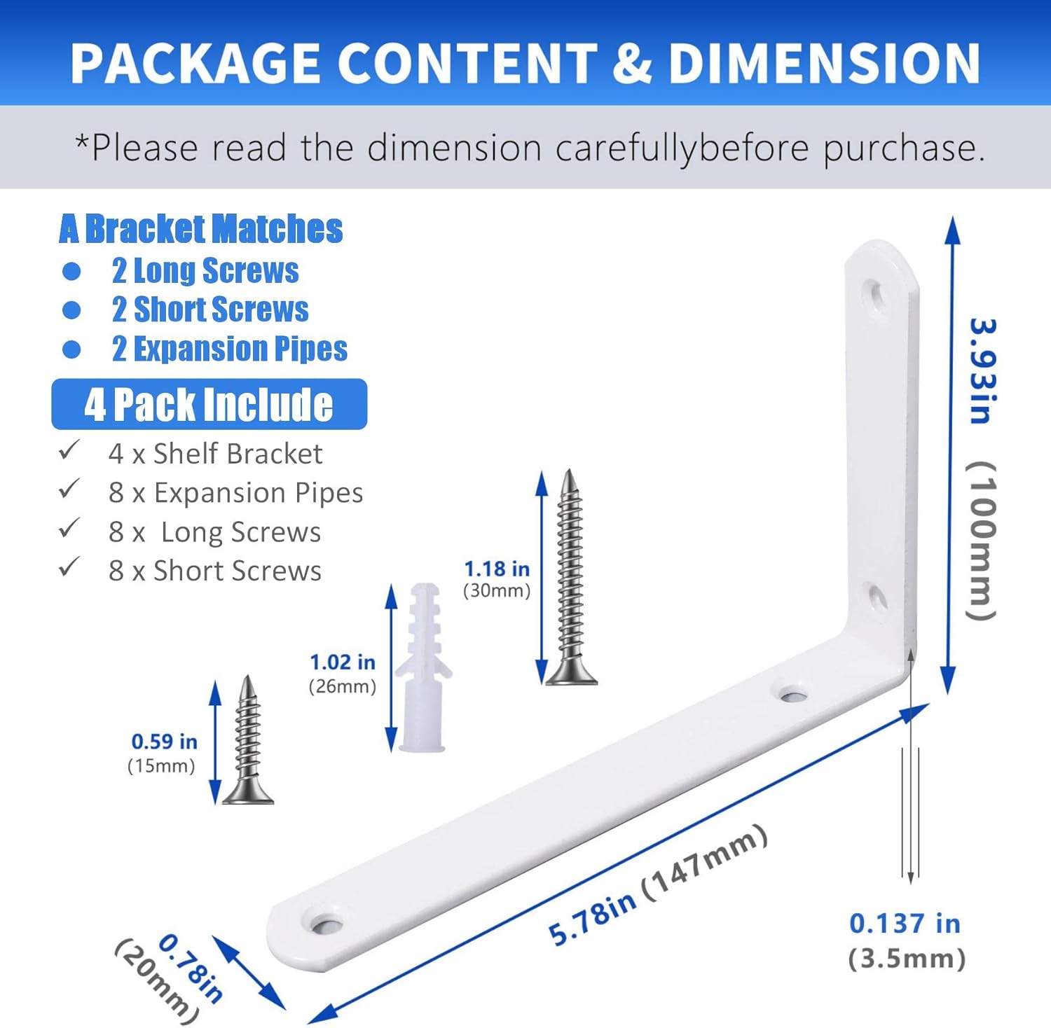4 soportes de estante, 6 pulgadas, color blanco, resistente, soportes de pared de metal en L para estantes, soporte de pared para montaje en pared