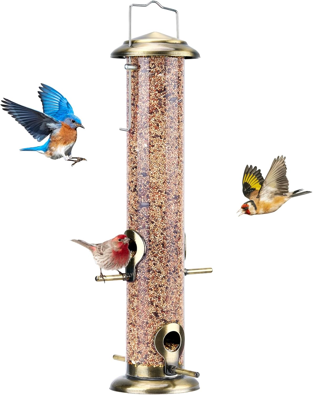 Kingsyard Comederos metálicos para colgar en exteriores, comedero para pájaros de tubo extra grueso con colgador de acero y 4 puertos, 15 pulgadas,