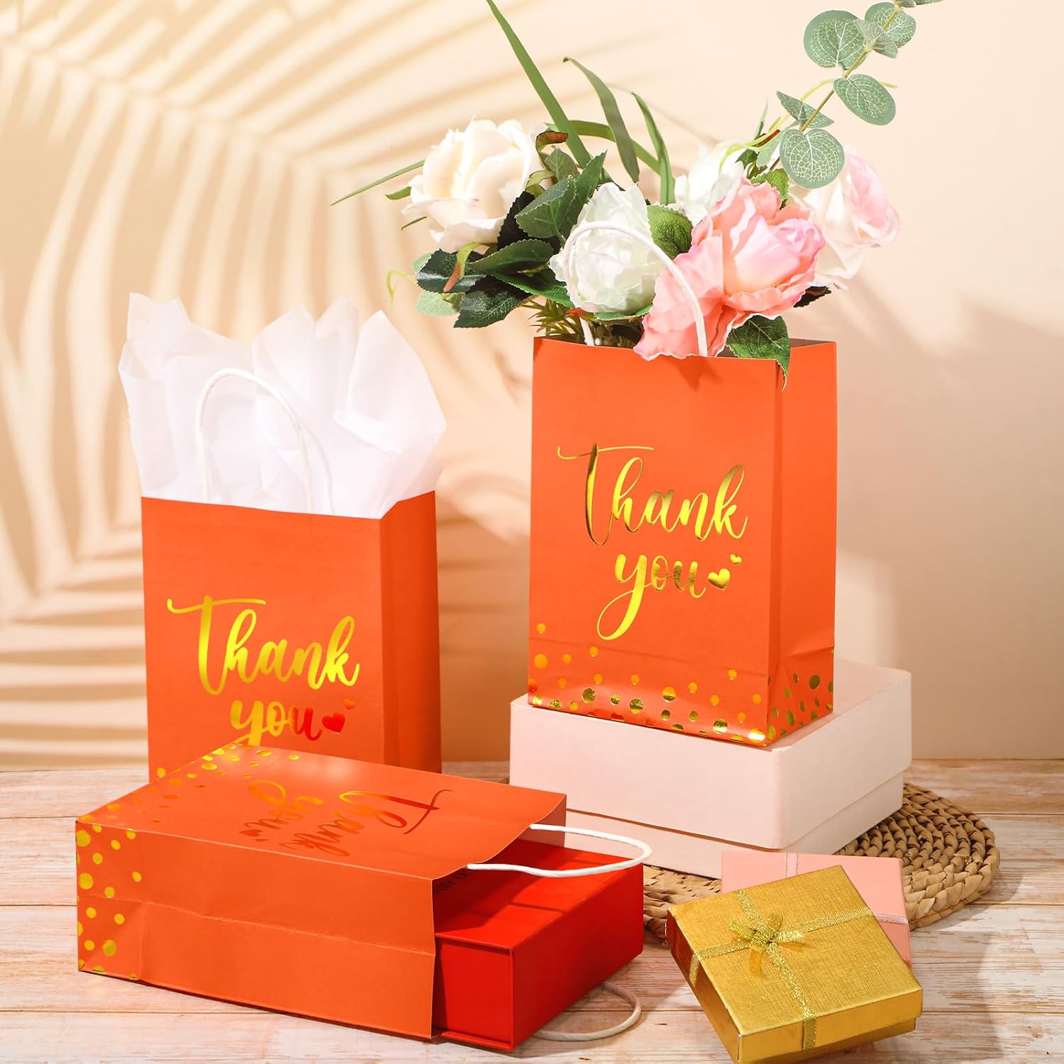 30 bolsas de regalo de agradecimiento con papel de seda dorado con asa para negocios, compras, bodas, baby shower, recuerdos de fiesta (naranja)