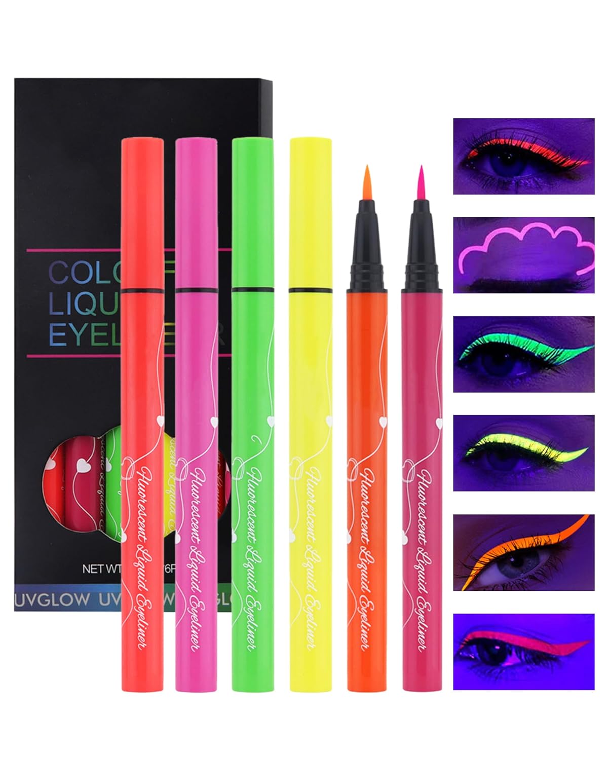 Juego de delineador líquido de neón con brillo UV, 6 colores mate, delineador de ojos de arcoíris mate, delineador de ojos neón luminoso de colores,