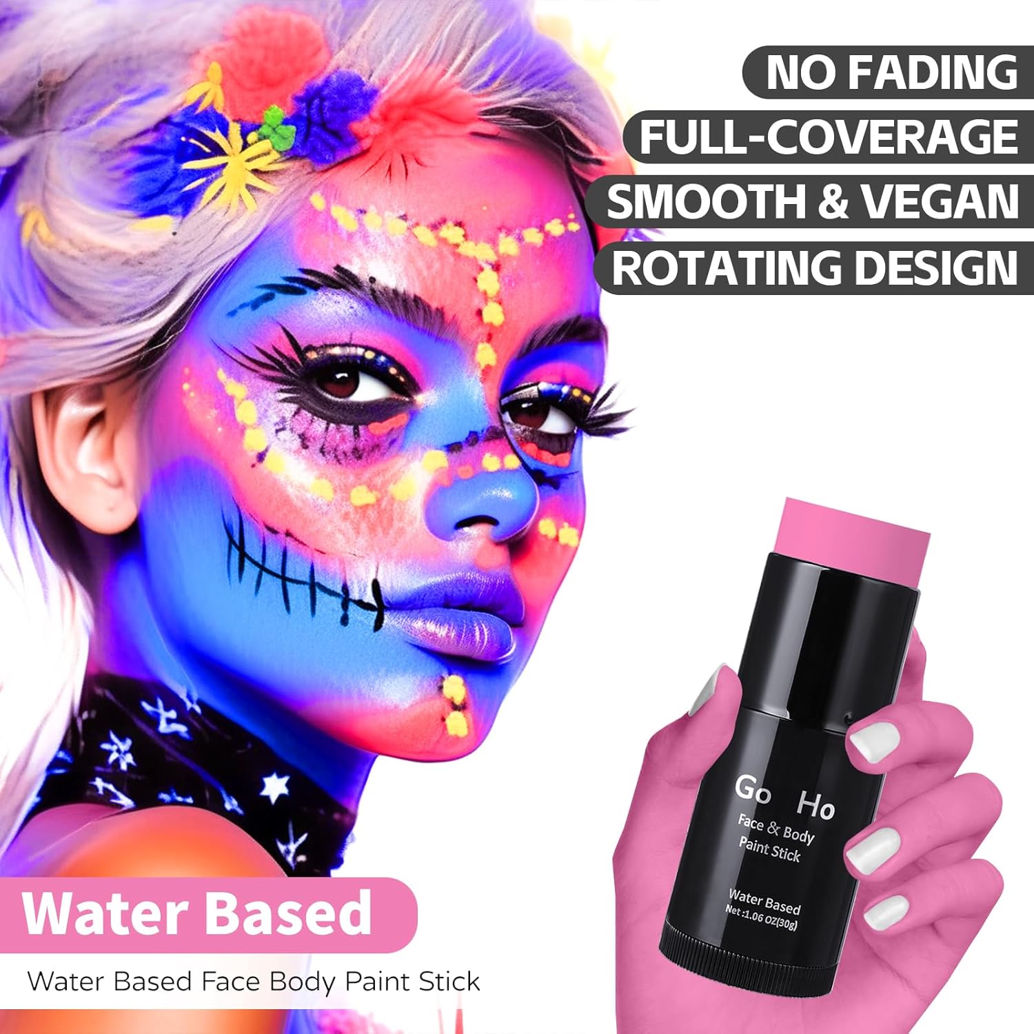 Go Ho Pintura facial rosa intensa, a base de agua, lavable, color rosa intenso, no tóxica, cobertura completa, color rosa crema, pintura corporal