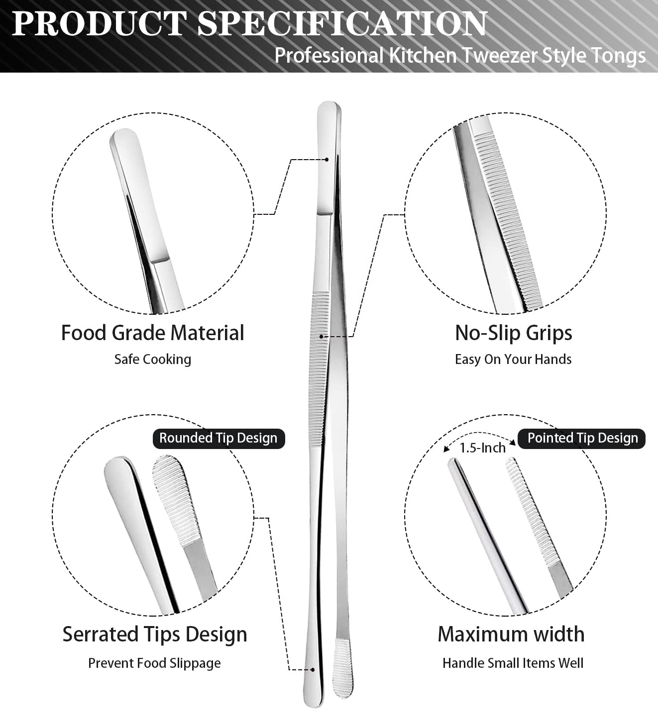JETKONG 2 pinzas de cocina de acero inoxidable de 12 pulgadas, pinzas rectas para alimentos, pinzas de cocina profesionales para reparar y hacer
