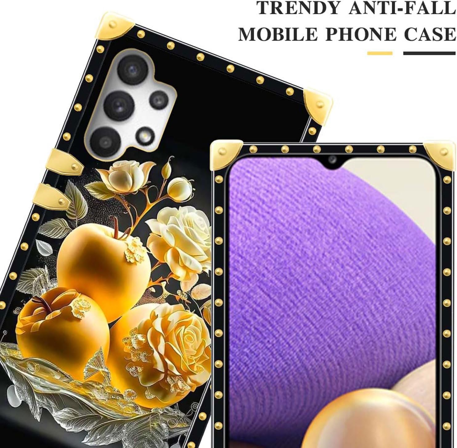 CARLOCA Funda para Samsung Galaxy A32 5G, rosa dorada y fruta de la paz mejora tu estilo con la funda dorada de lujo a prueba de golpes compatible