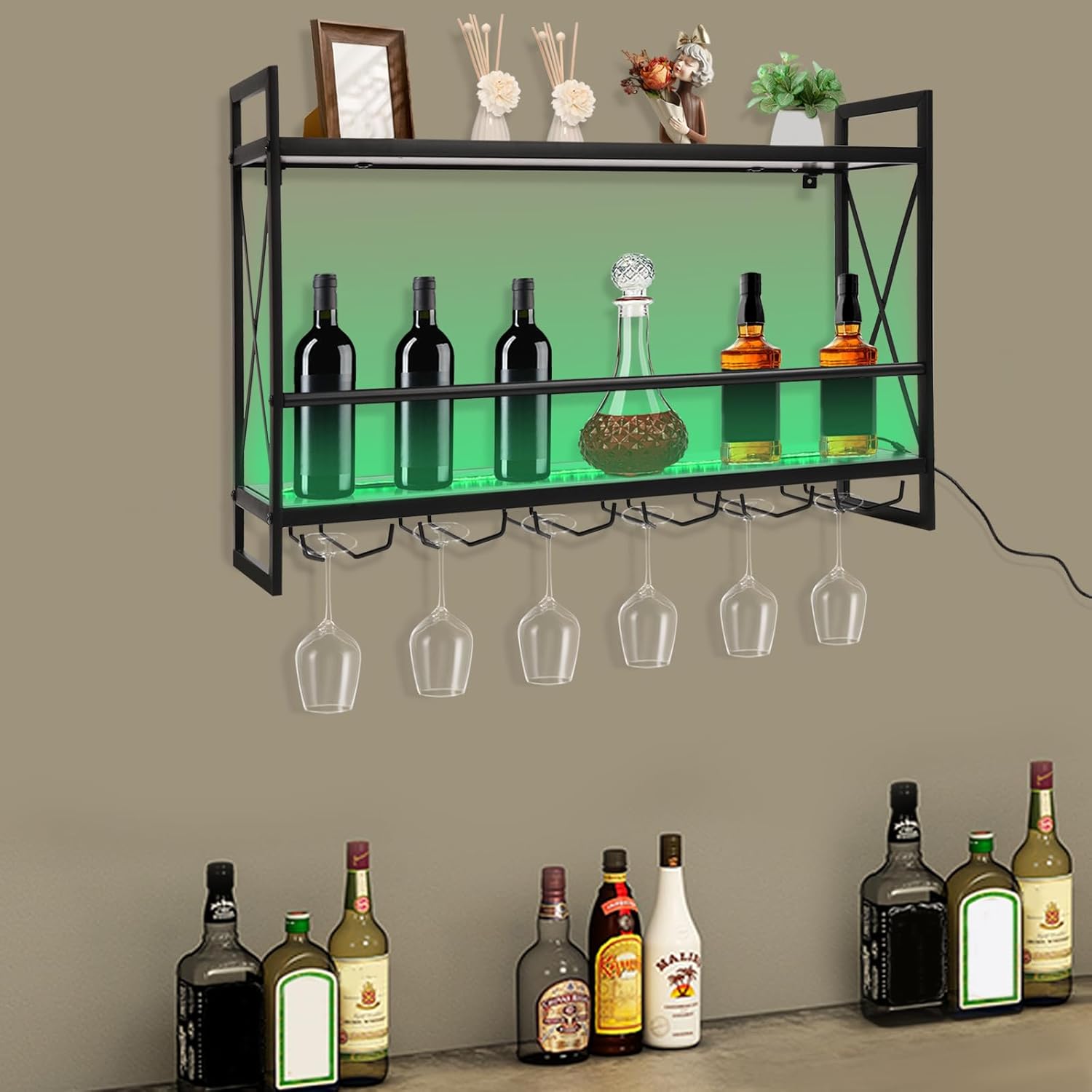 KONGKUNI Estante industrial de pared para vino de 2 niveles, estante de vino de 31.5 pulgadas con luz LED, soporte rústico para botellas de vidrio,