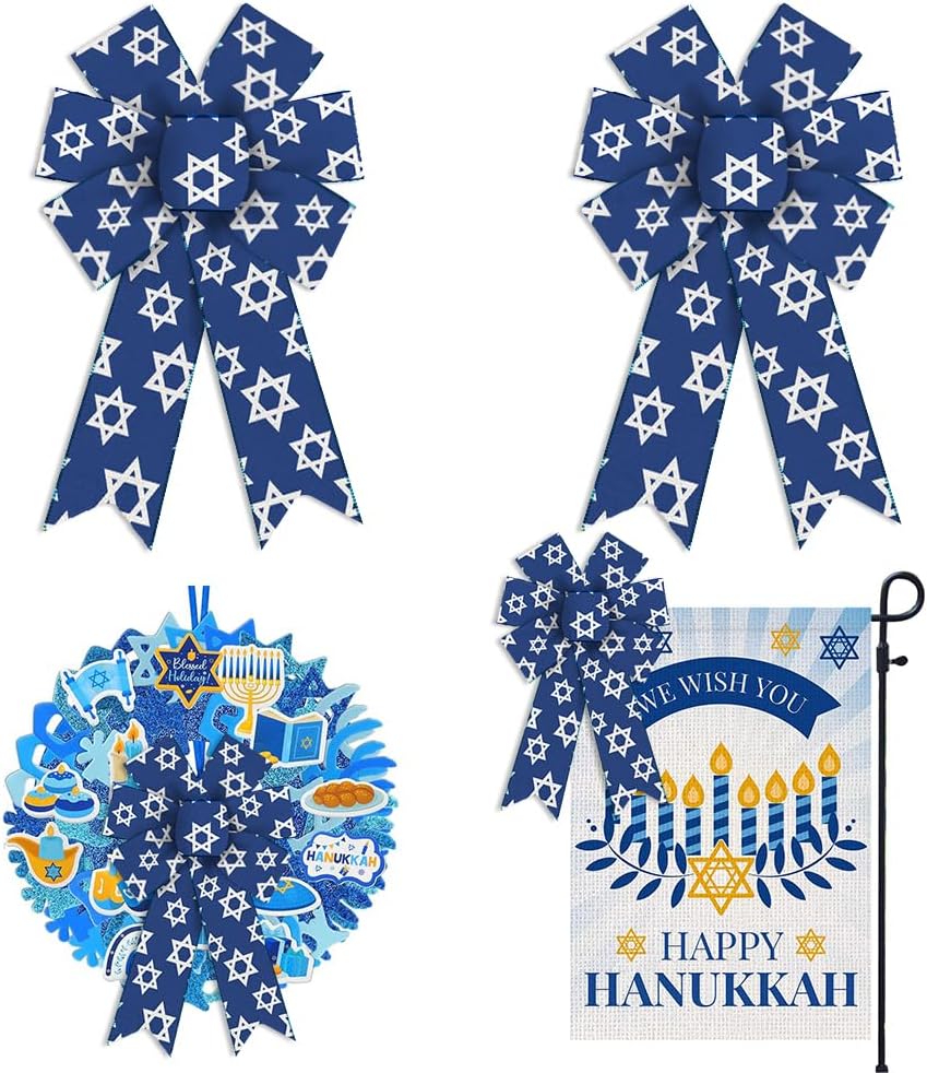 2 lazos de Hanukkah para corona, lazos de corona azul de Navidad judía, lazos rústicos de granja para puerta delantera, adornos de pared de la