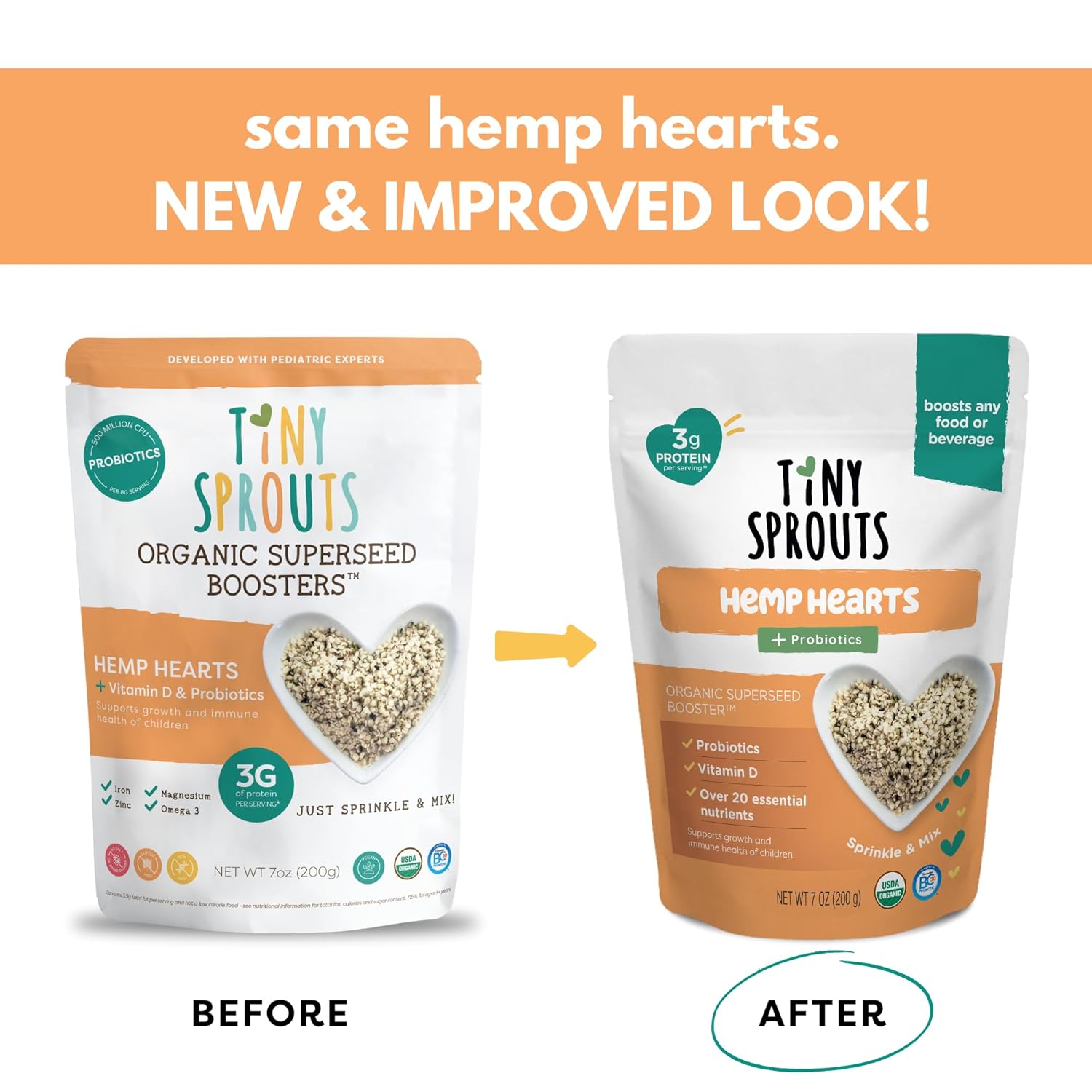 Tiny Sprouts Corazones de cáñamo orgánico regenerativo + probiótico de porción completa + vitamina D3 I potenciador de semillas de cáñamo para bebés