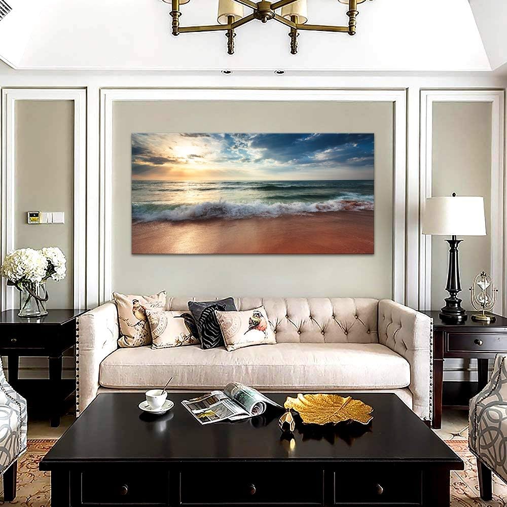 Lienzo de playa para pared de sala de estar, dormitorio, decoración del hogar, amanecer azul océano, mar, playa, cuadros artísticos, decoración