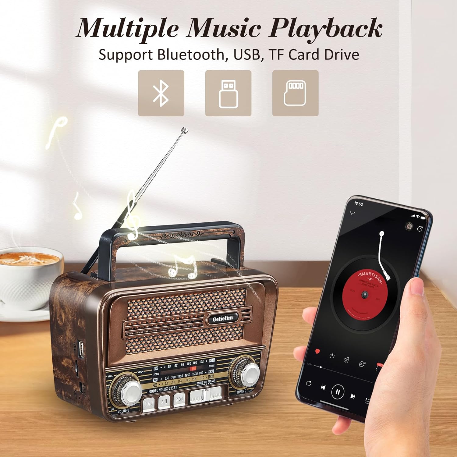Gelielim Radio retro AM FM, radio portátil de onda corta con la mejor recepción, altavoz Bluetooth 5.3, funciona con pilas, compatible con tarjeta