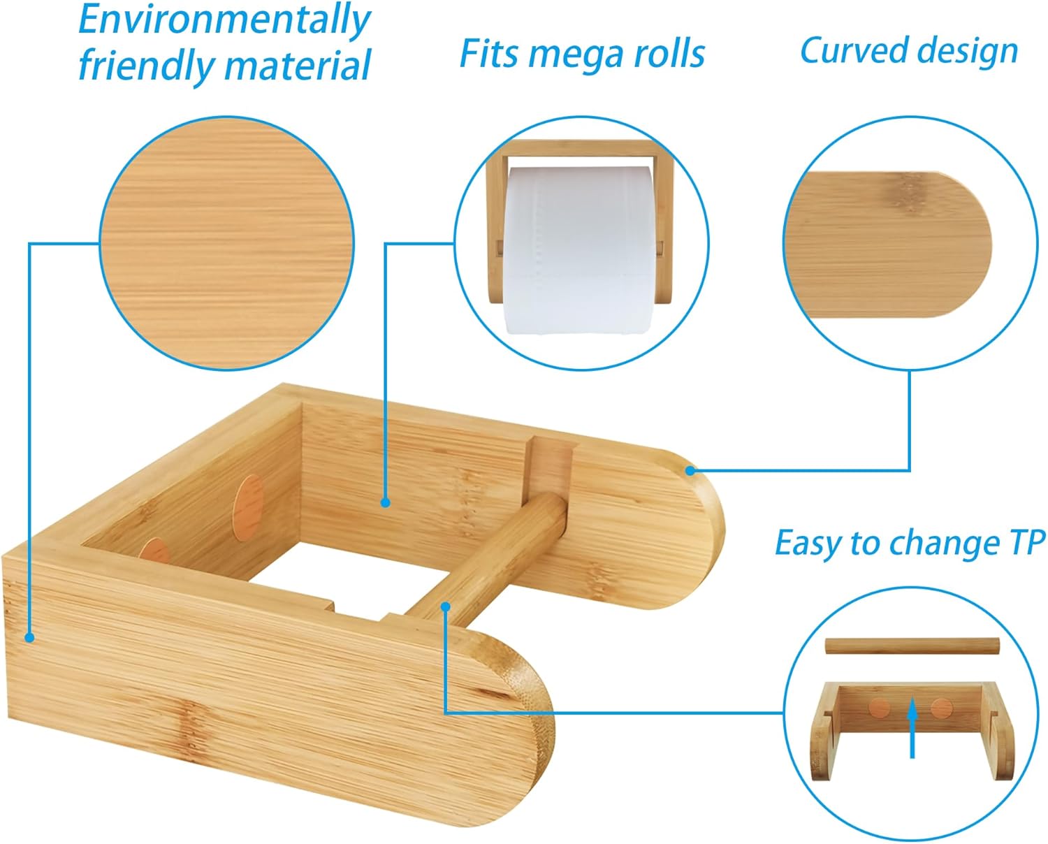 D&Joy Soporte de pared para papel higiénico de bambú, soporte de papel higiénico de madera, soporte redondeado de papel higiénico de 5 pulgadas con