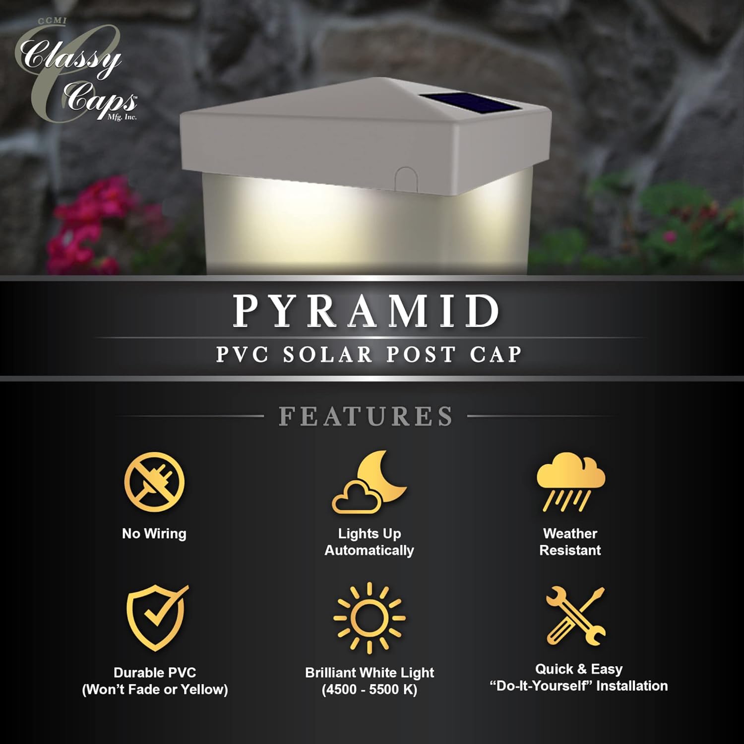 Classy Caps 4×4 Blanco PVC Pirámide Solar Post Cap