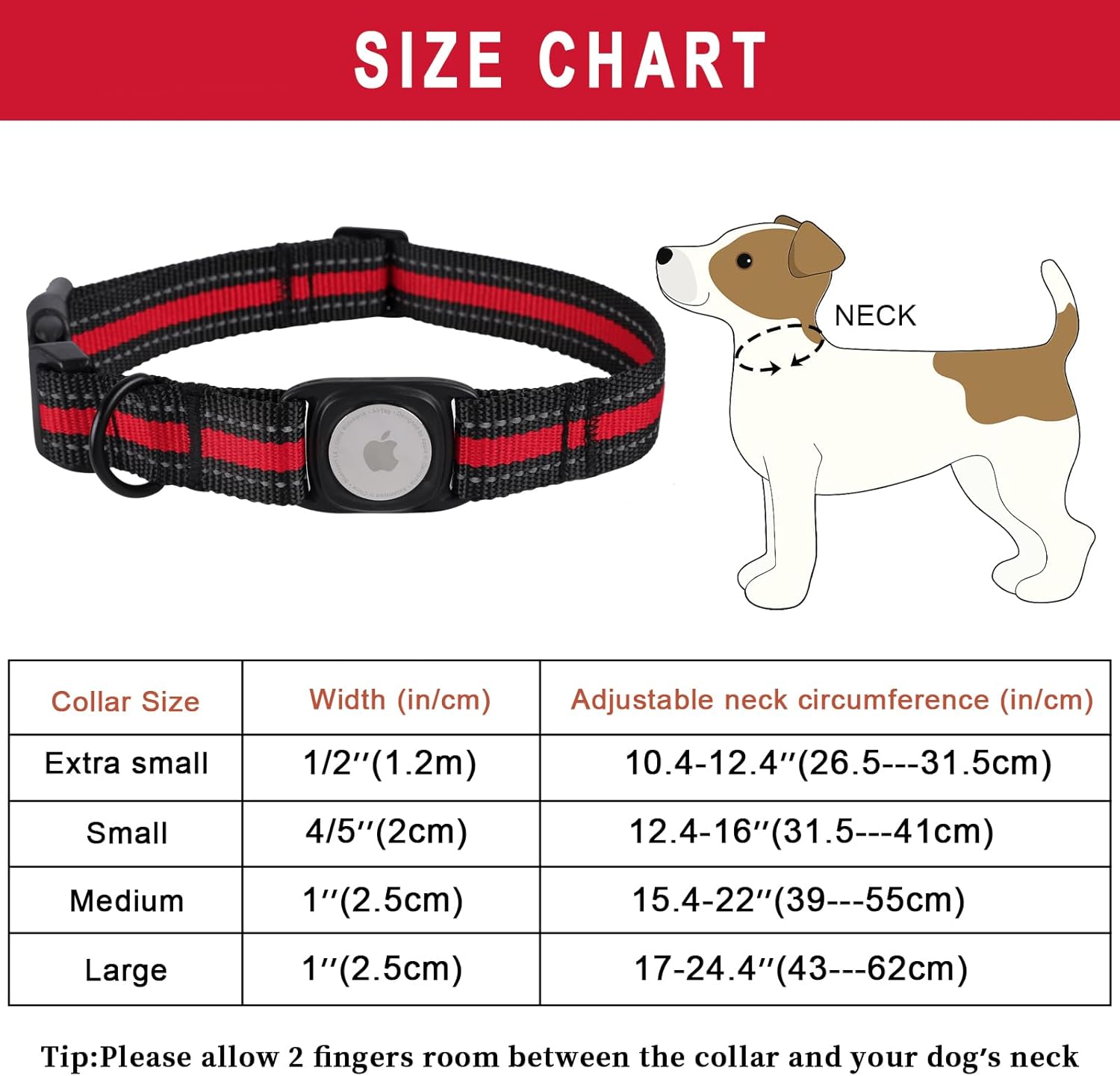 ARING PET Collar reflectante para perro, collar de perro Airtag ajustable, collares de perro rojos de nailon ligero con soporte para Airtag