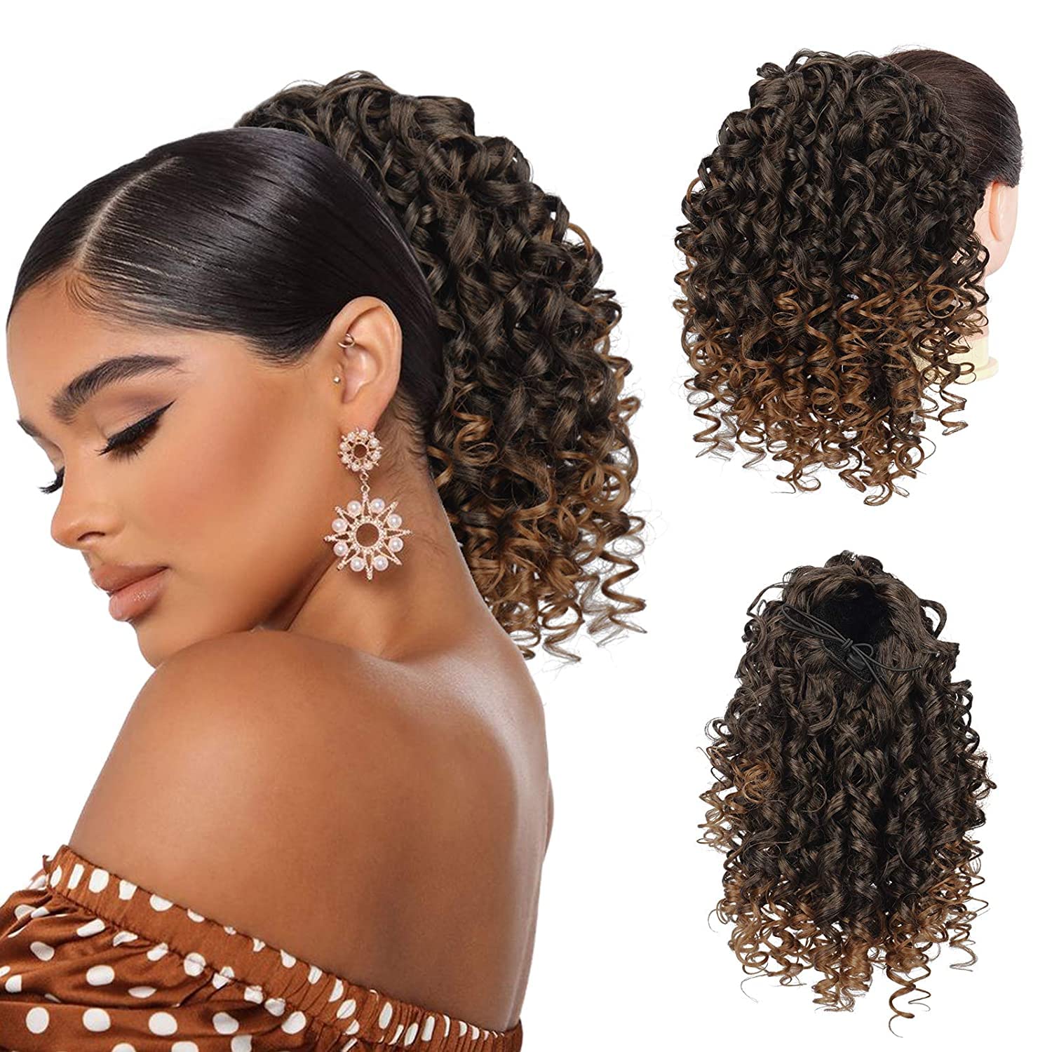 PEACOCO Cola de caballo afro rizada con cordón para mujeres negras, extensiones de cabello sintético de 10 pulgadas con clip en extensiones de cola