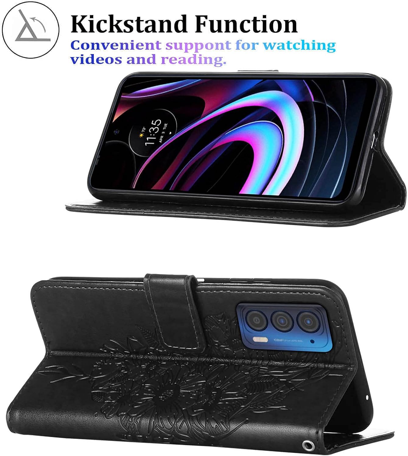 Funda compatible con Motorola Edge 2021, función atril, correa de muñeca, ranuras para tarjetero, diseño floral de mariposa, funda de piel sintética