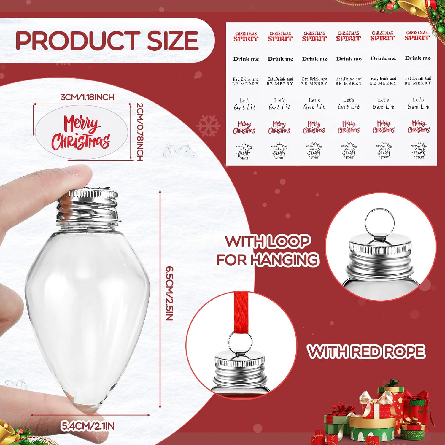30 bolas de bebida de Navidad, adornos de vidrio de chupito, adornos de plástico rellenables para botellas de agua de Navidad transparentes,