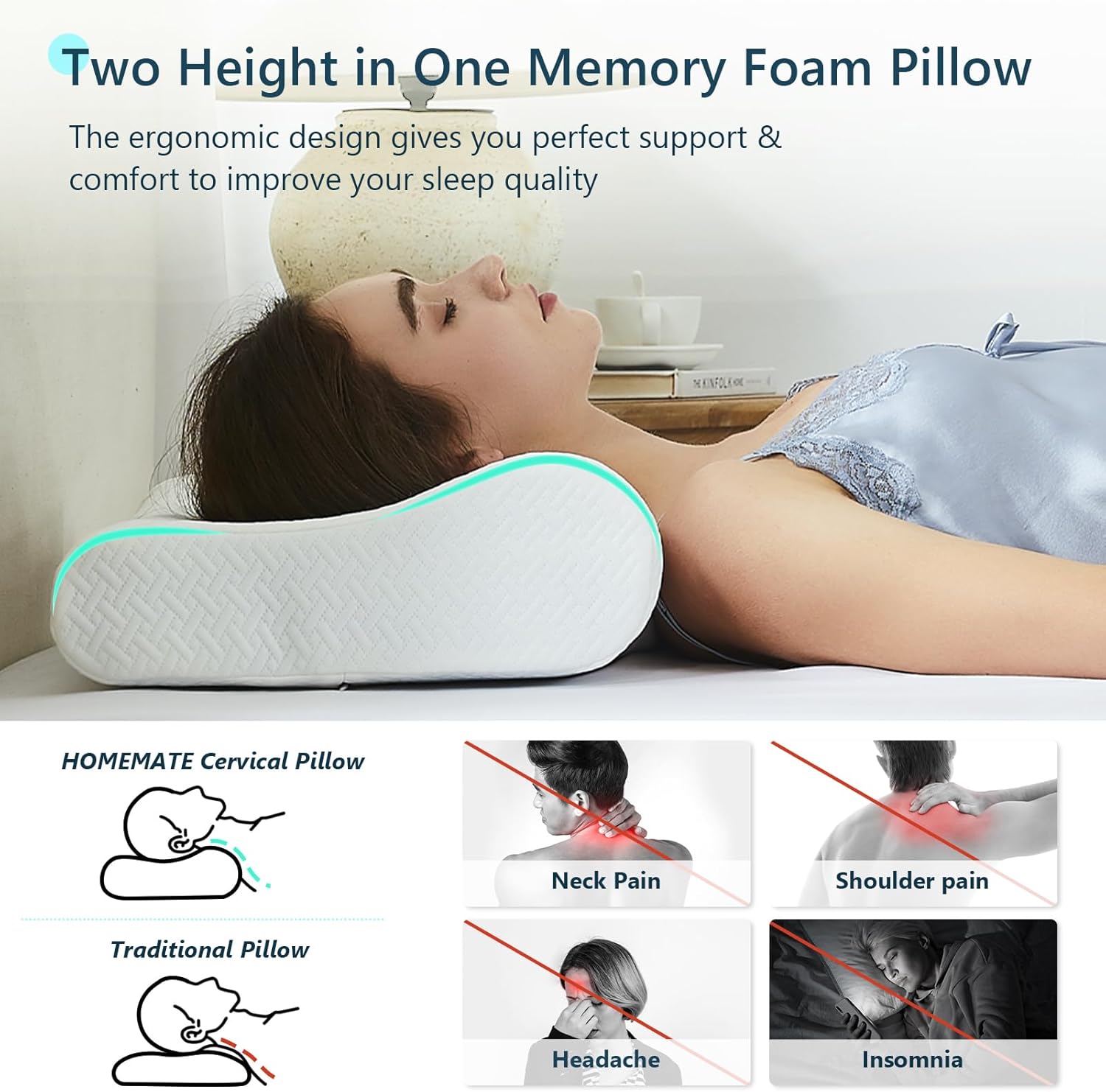 Almohada cervical ortopédica para dormir, almohada ergonómica para aliviar el dolor de cuello y hombros, almohada cervical ortopédica para dormir,