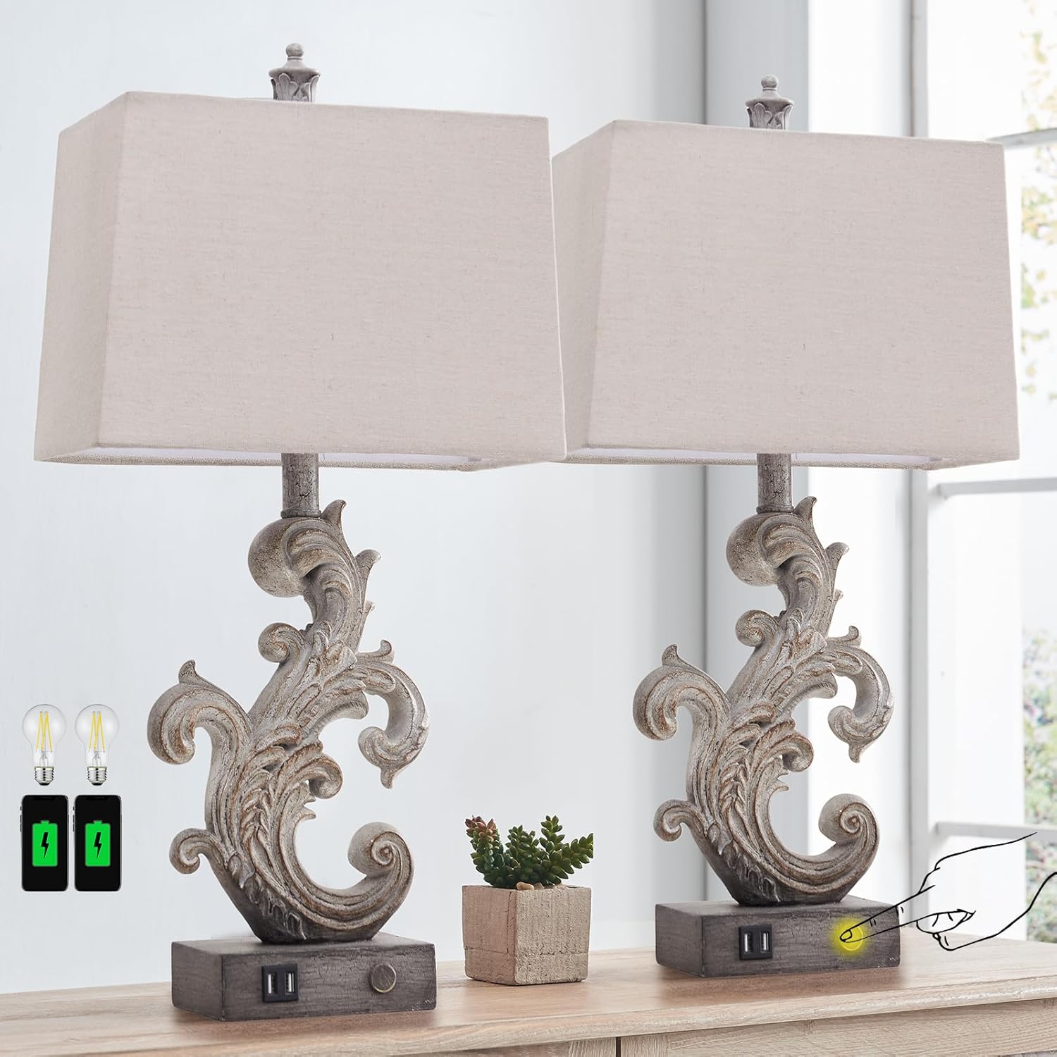 AIEAMPDO Juego de 2 lámparas de mesa de granja para sala de estar, lámpara táctil regulable de 3 vías con puertos USB duales, lámpara de escritorio