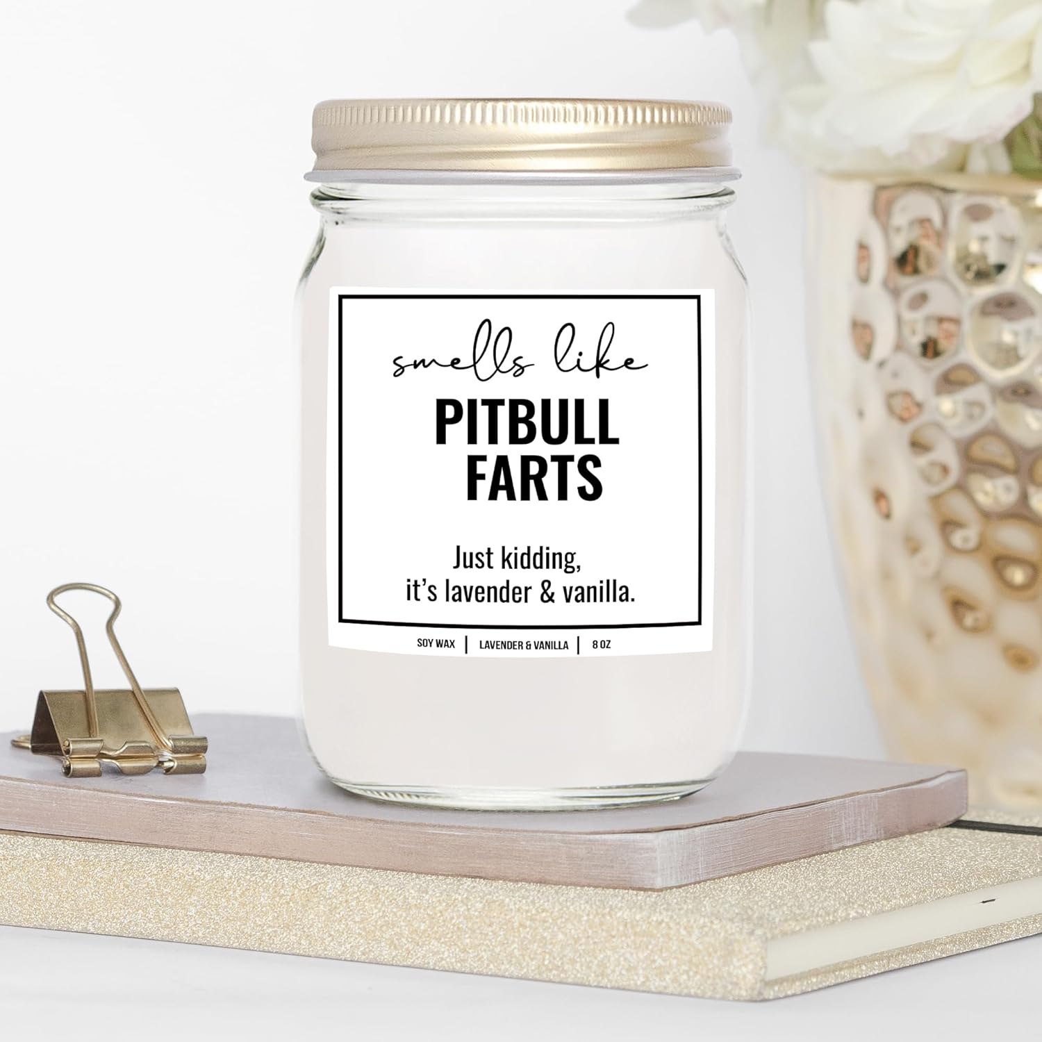 YouNique Designs Vela de soja con olor a pedos de Pitbull, regalos para los amantes de Pitbull, regalos para mamá de Pit Bull para mujeres, regalos