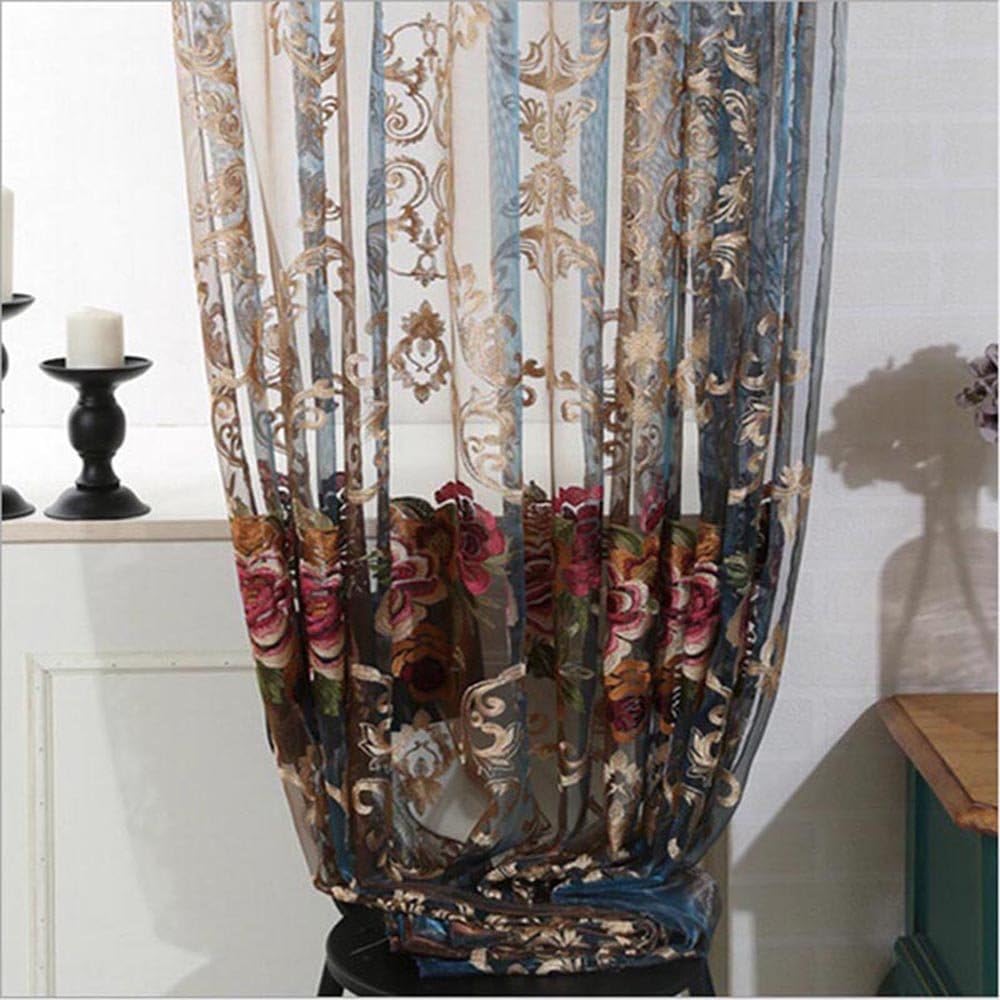 Pureaqu – Cortinas europeas bordadas con diseño floral para sala de estar, con bolsillos, cortina de gasa de lujo, cortina de tul transparente para