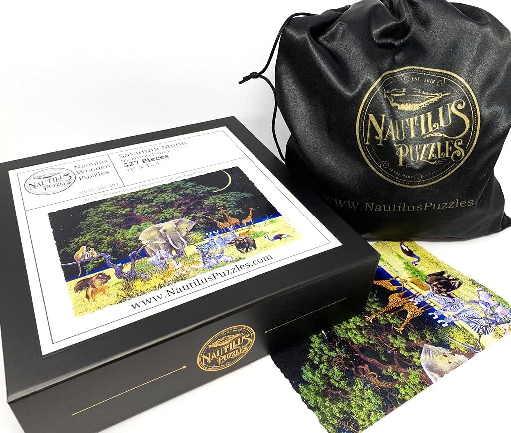 Rompecabezas de madera para adultos, Savanna Moon, 527 piezas de madera únicas por Nautilus Puzzles. Fabricado en los Estados Unidos.