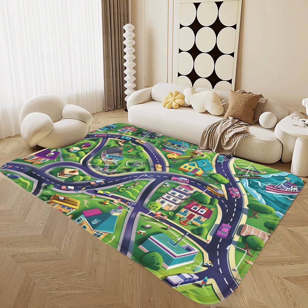 Large Cartoon playroom Carpet, Road Traffic Carpet for Boys and Girls Playing with car Toys, City Life car Carpet, Road Carpet, Play to Learn and
