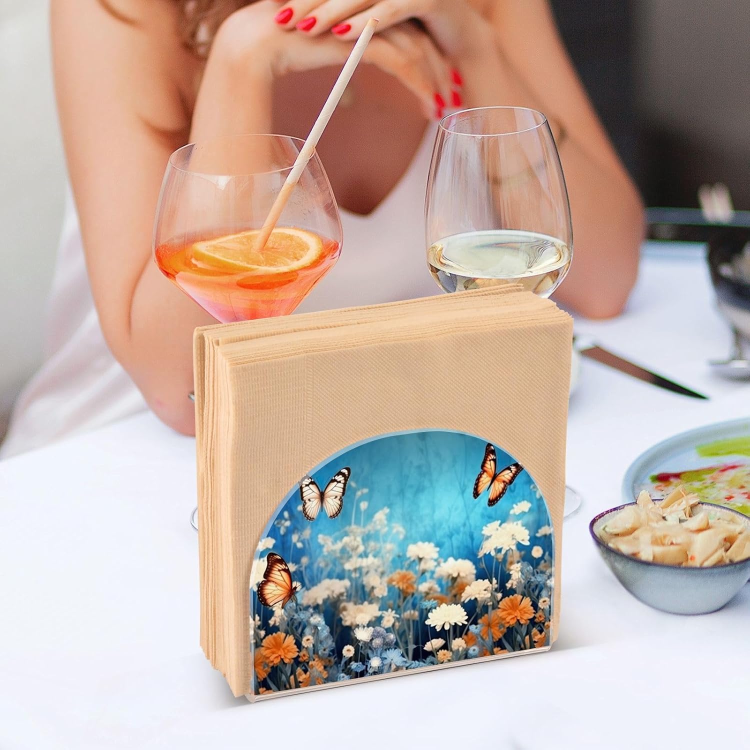 Napkin Holder Purple Flower Butterfly Napkin Holders for Tables, Clear Acrylic Napkin Holders Cocktail Napkin Holder for Kitchen Restaurant Bar Home