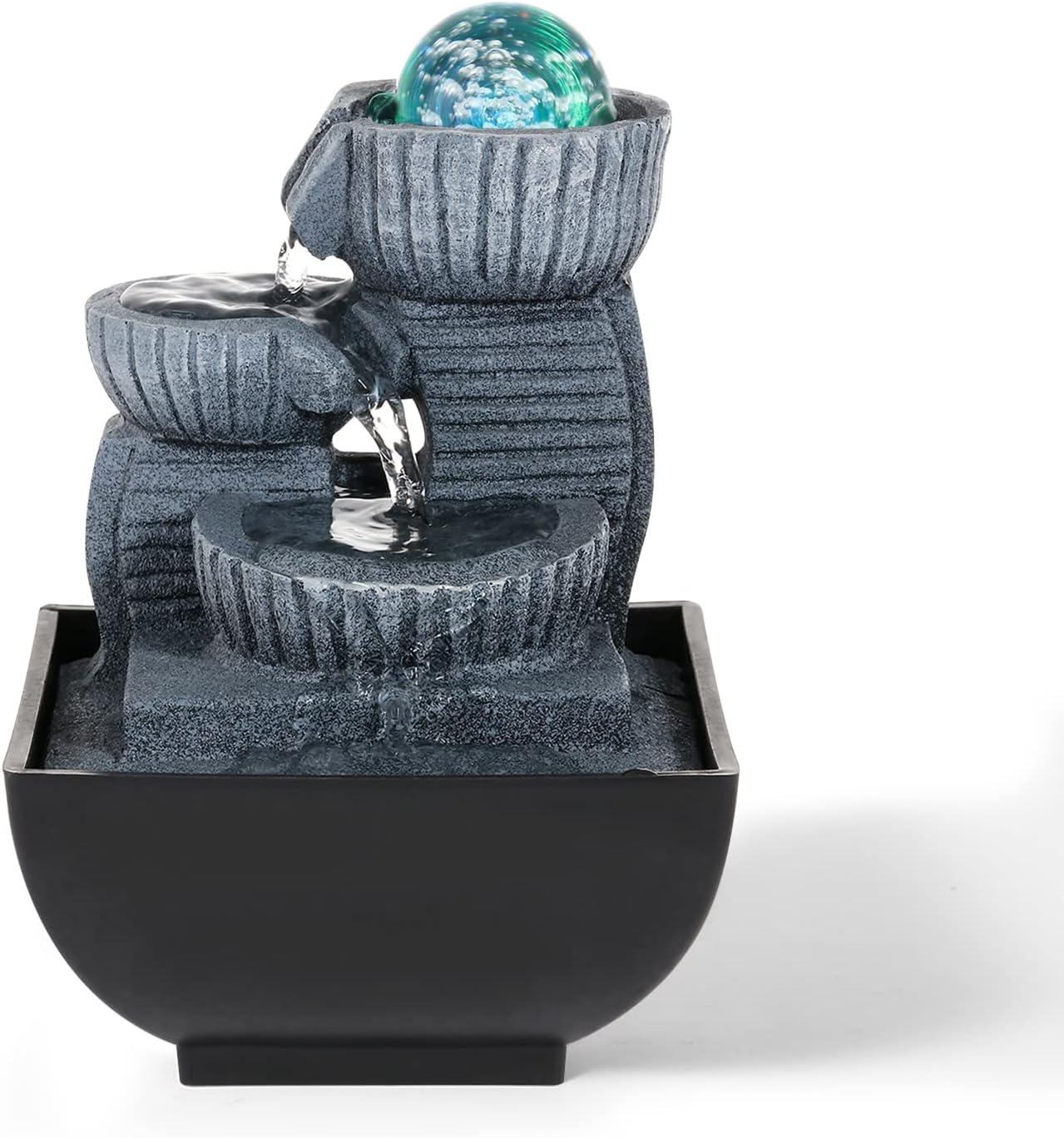 Dyna-Living Fuente de agua de mesa para interiores, fuente de agua de relajación Feng Shui, fuente de cascada con luces para decoración del hogar,