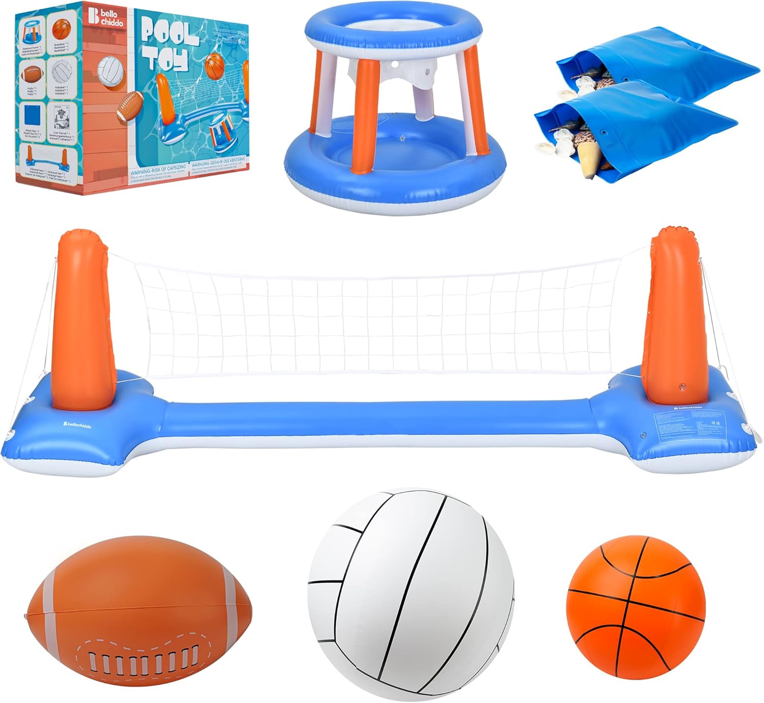 BELLOCHIDDO Juguetes de piscina  Juegos de baloncesto y voleibol para piscina, incluye red inflable de voleibol, aro de baloncesto flotante y fútbol