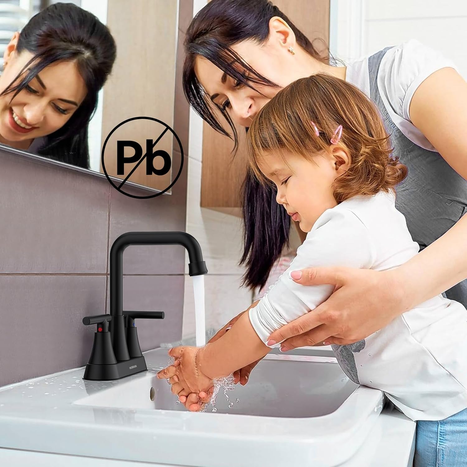 Grifo de lavabo de baño negro mate, 4 pulgadas, 3 agujeros con drenaje emergente y líneas de suministro, grifo central de acero inoxidable de 2