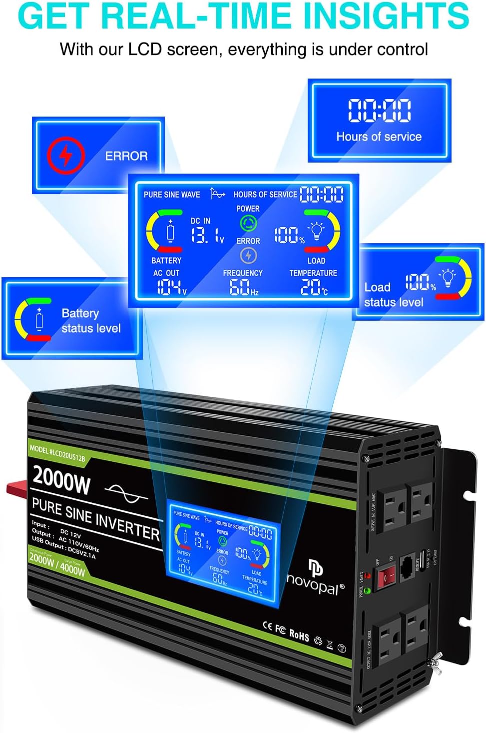 Novopal Inversor de corriente de onda sinusoidal pura de 2000 vatios, convertidor de CC de 12 V a 110 V120 V, 4 salidas de CA, inversores Rv con