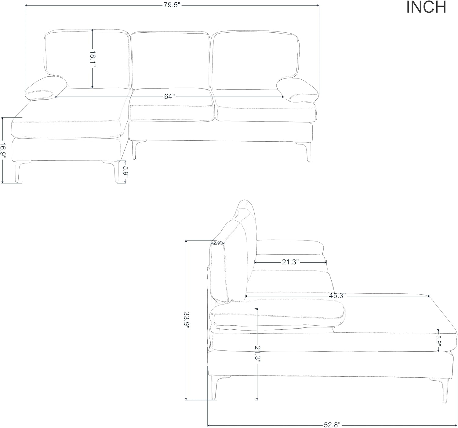 UBGO Sofá en forma de L de 79.5 pulgadas, sillón seccional orientado a la izquierda, sofás de tela moderna de 3 plazas con patas de metal dorado, 2