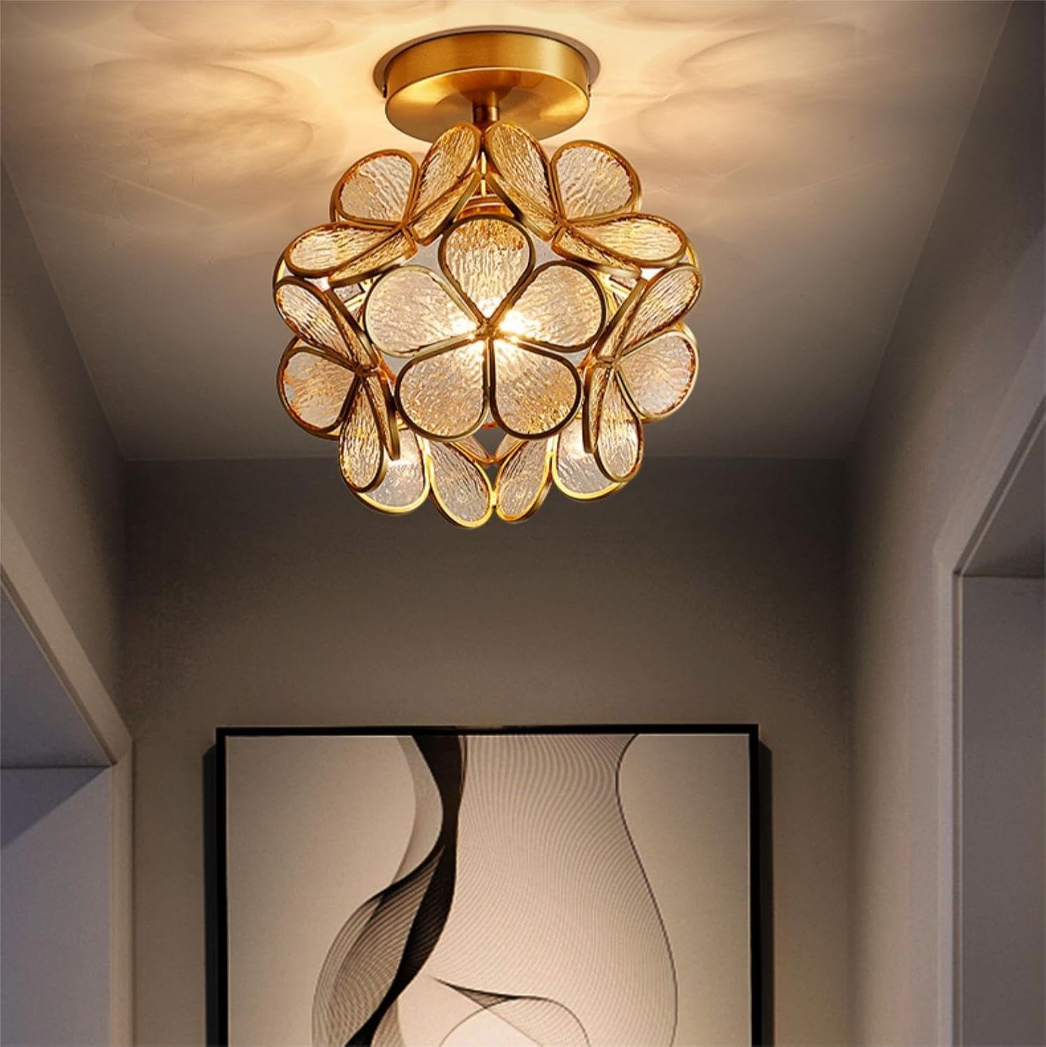 Lámpara de techo de pétalos de 7.9 pulgadas, luz de techo de cobre y vidrio estilo Tiffany, lámpara de techo moderna con base E27 para pasillo,