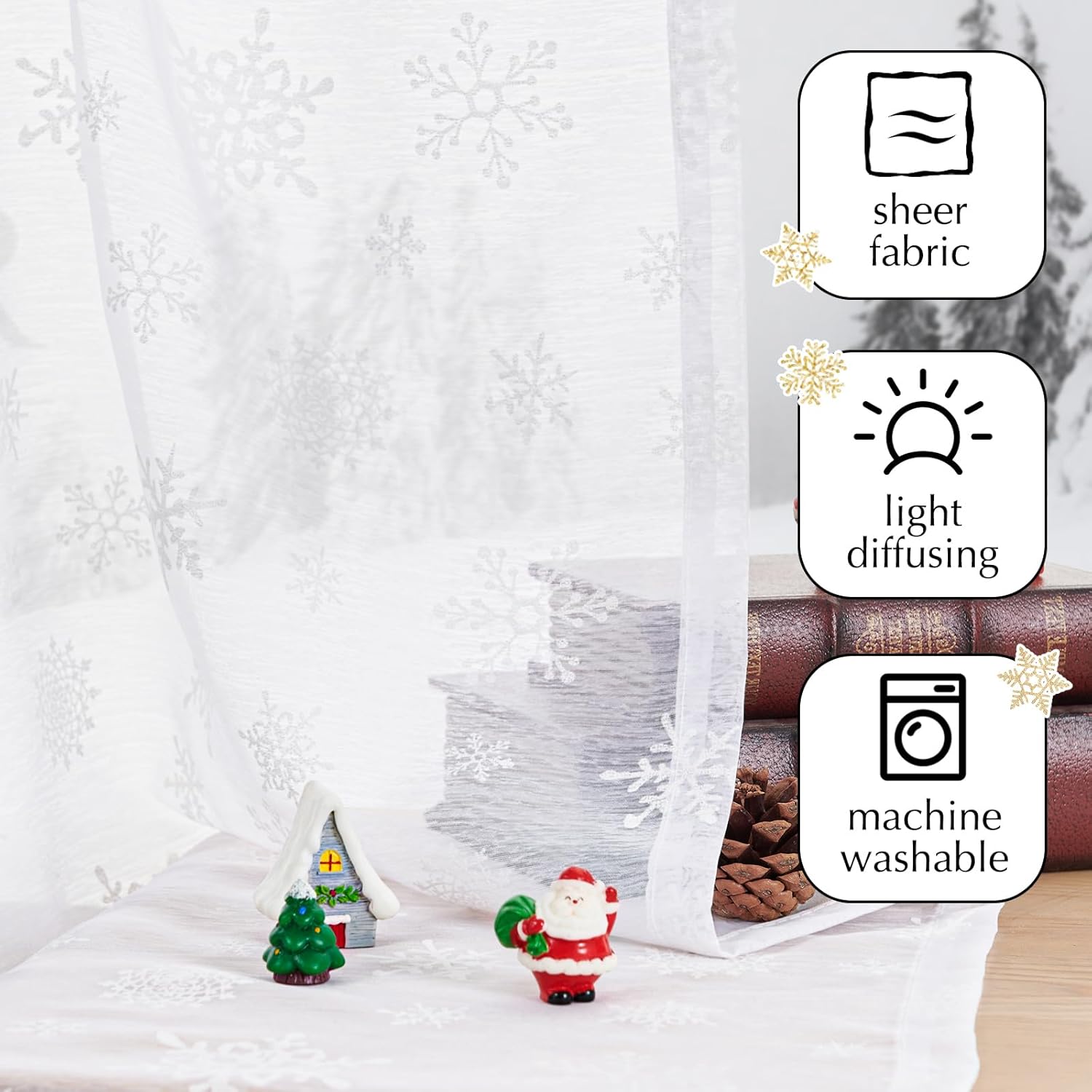 Vangao Cortinas traslúcidas blancas de Navidad para sala de estar, estampado de copos de nieve, 96 pulgadas de largo, para dormitorio, decoración de