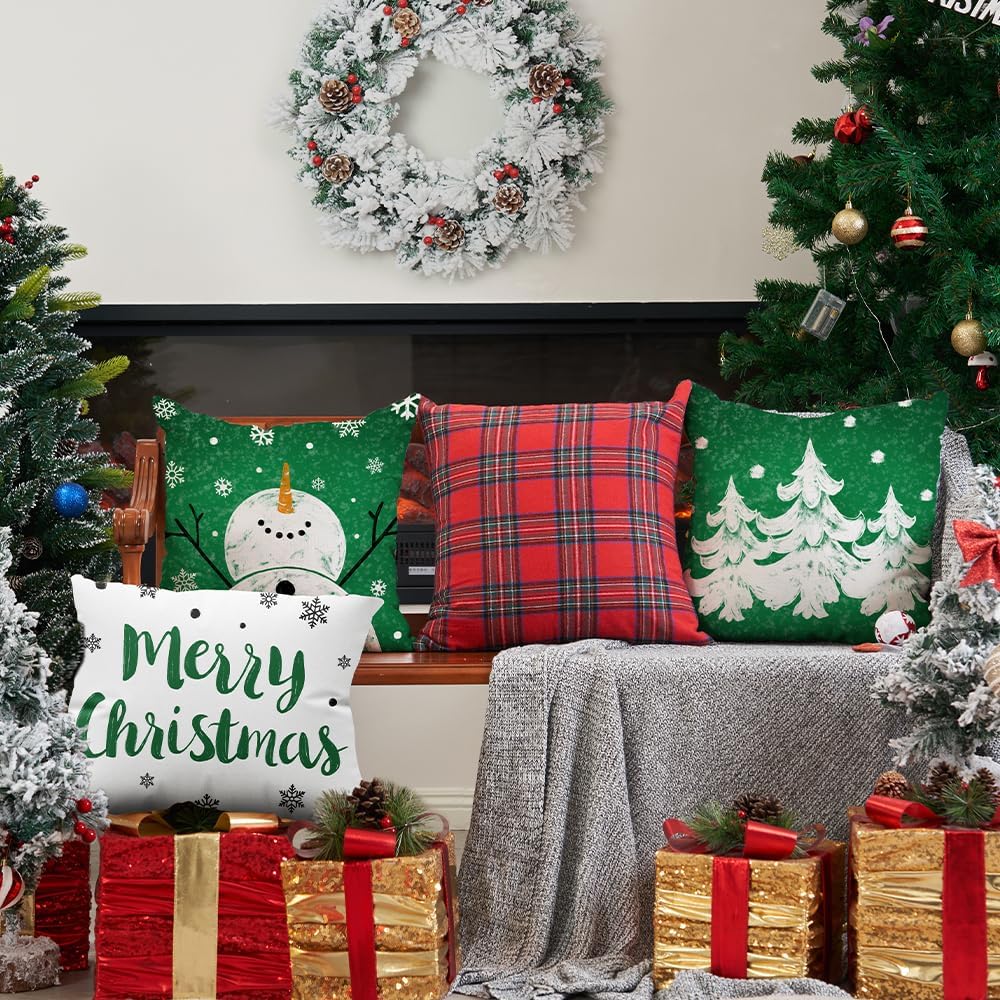 DFXSZ Juego de 4 fundas de almohada de Navidad verdes de 18 x 18 pulgadas para decoraciones de Navidad, diseño de árbol de Navidad, copo de nieve,