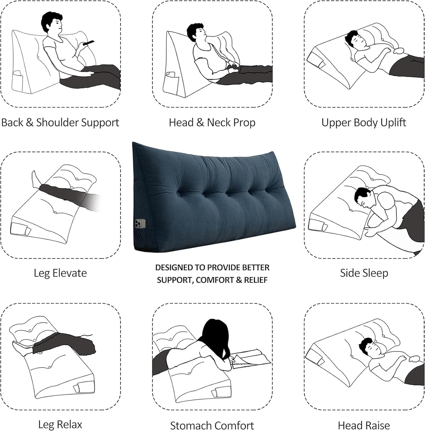 Almohada de respaldo de lectura, almohada triangular para cabecero, almohada de cuña con inserto de algodón PP, cojín de apoyo de posicionamiento,