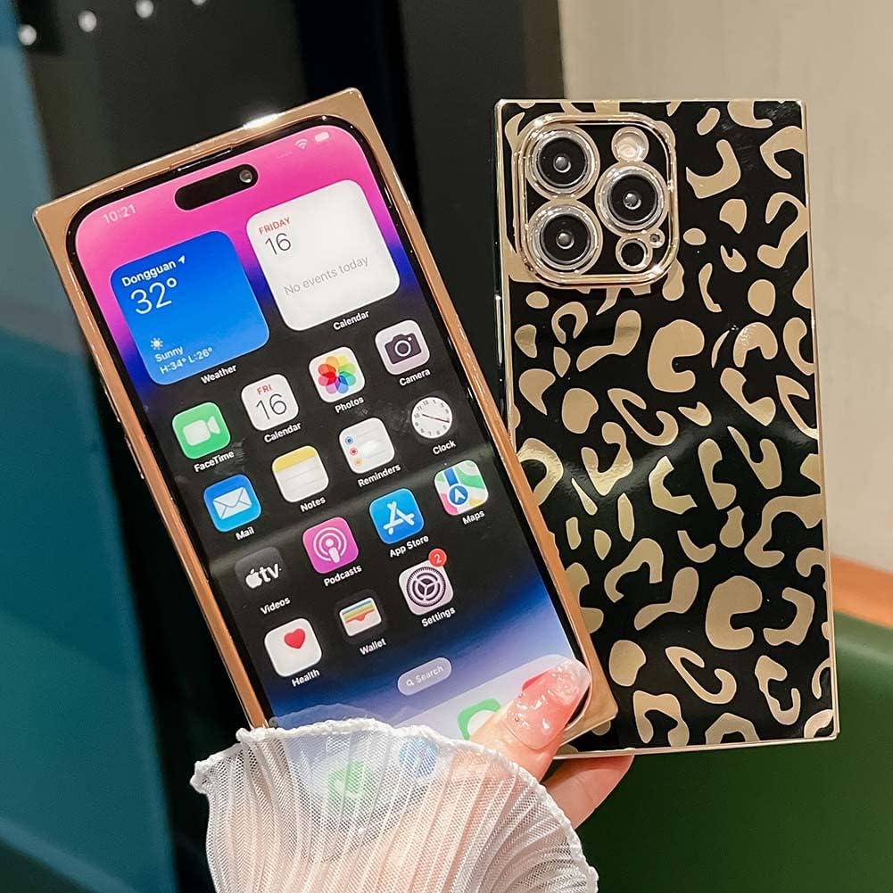 KERZZIL Elegante funda compatible con iPhone 14 Pro Max con borde cuadrado, bonito diseño de leopardo de lujo, protector de cámara, TPU suave, a