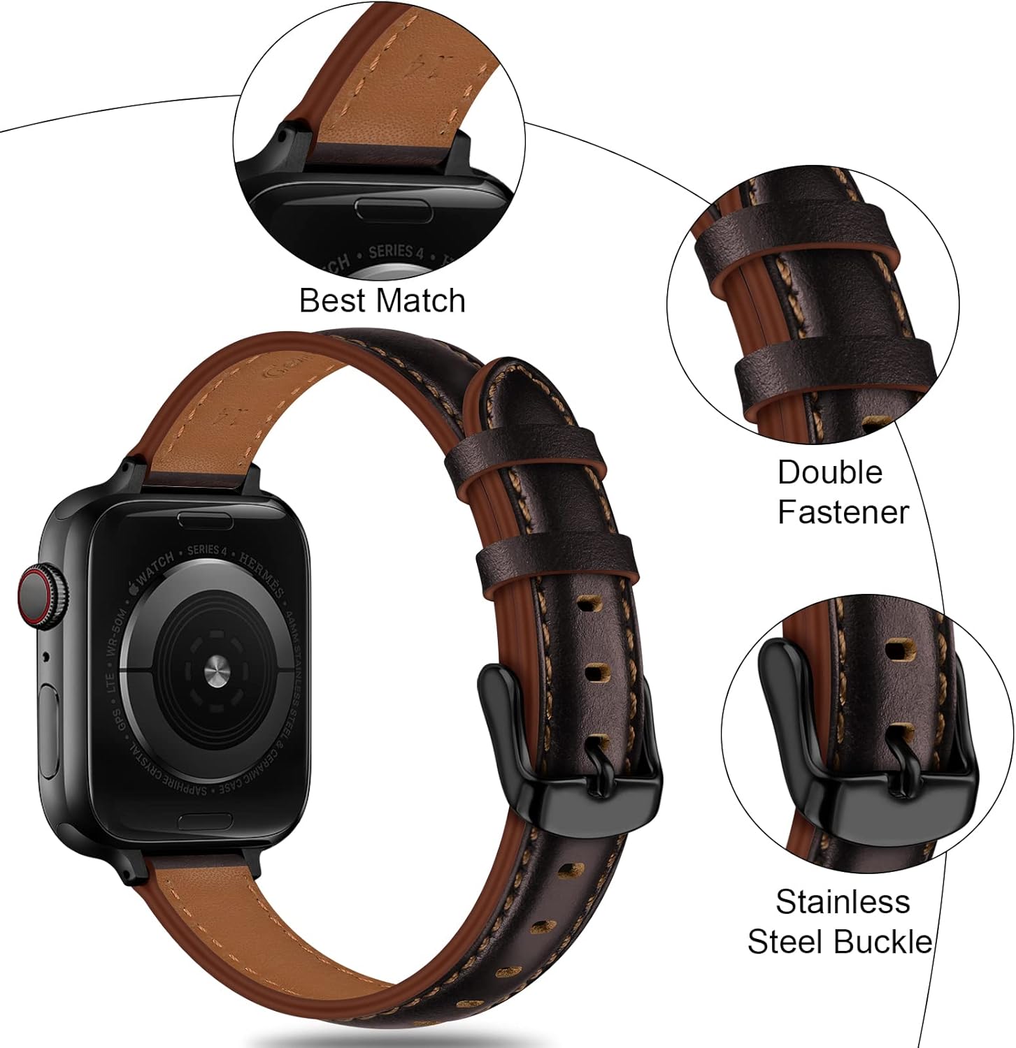 Tobfit Correa delgada de cuero para Apple Watch Band 1.496 in 1.575 in 1.614 in 1.654 in 1.732 in 1.772 in, correa de cuero de vaca de grano