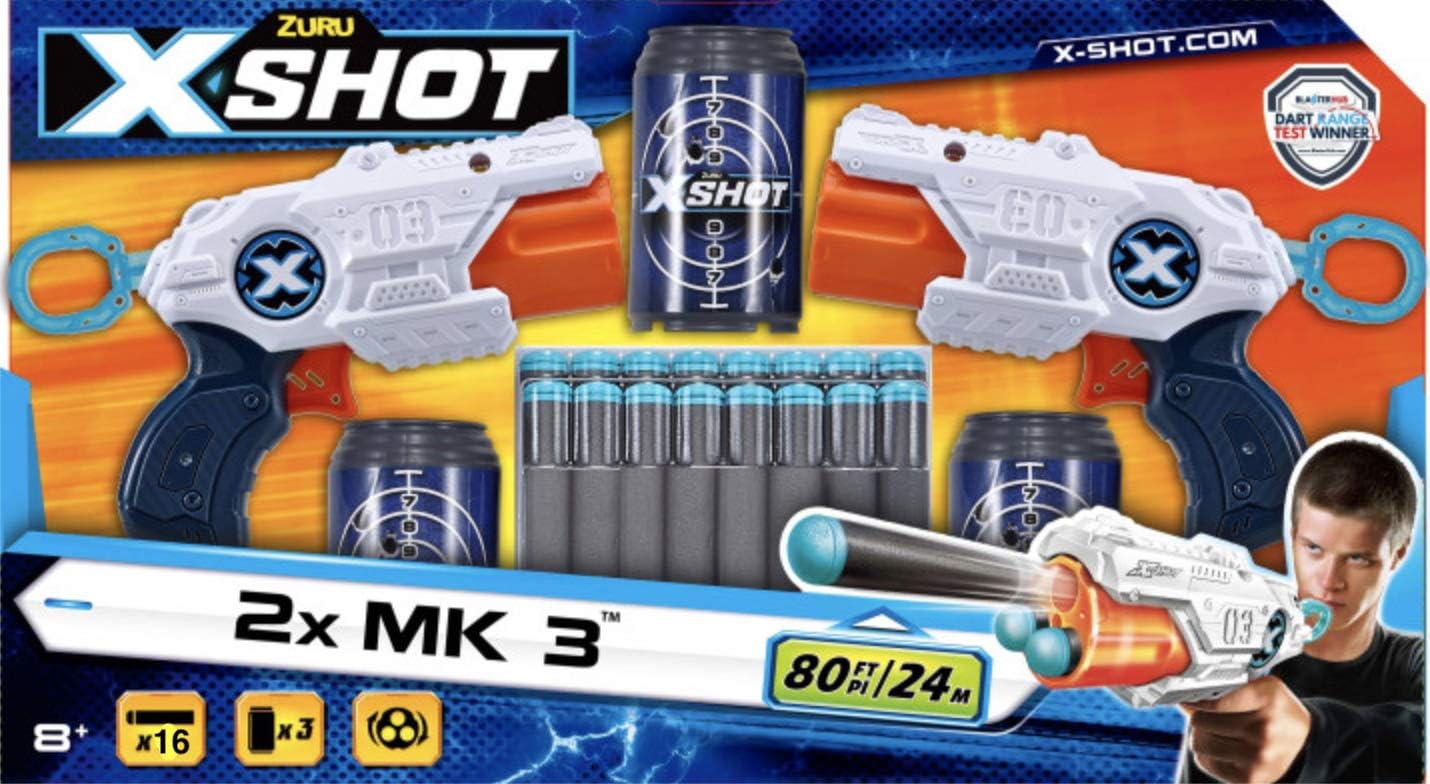 Paquete doble de pistolas MK 3 XSHOT (80 pies78.7 ft) con 3 cañones y 16 dardos para edades de 8 años en adelante