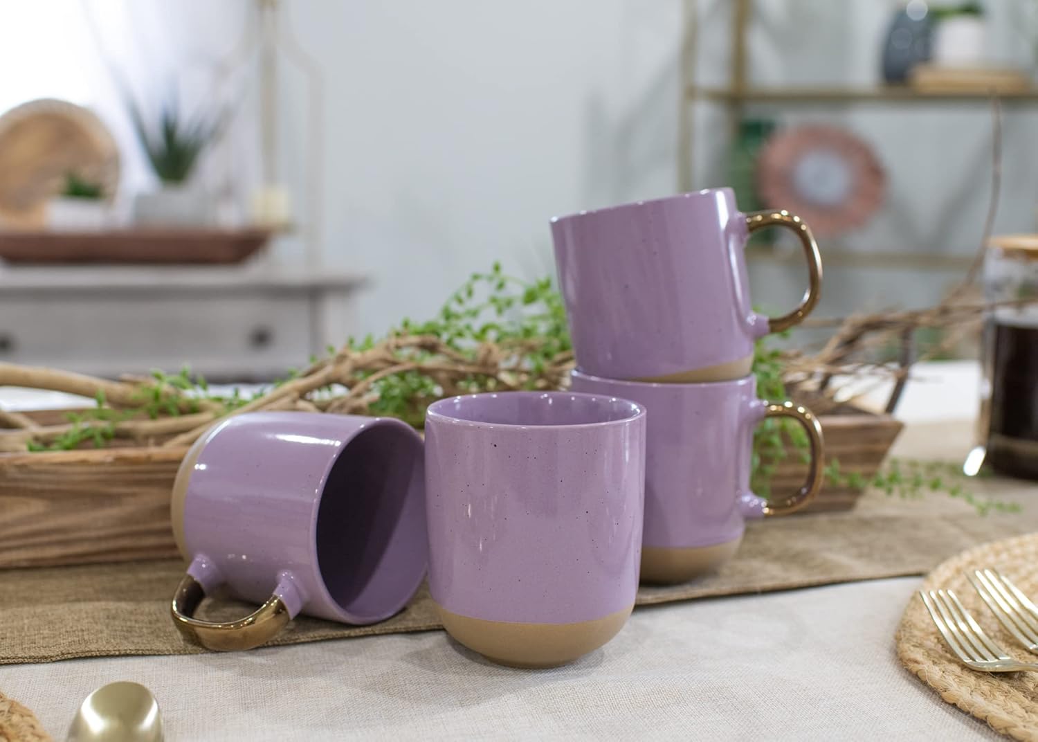 Elanze Designs Speckled – Juego de 4 tazas de cerámica de 16 onzas con mango metálico, color morado