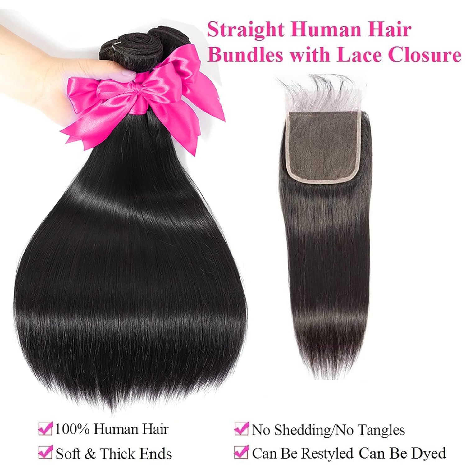 Paquetes de cabello humano brasileño lacio con cierre de 24, 26, 28+22, paquetes de cabello humano brasileño con cierre, 100% sin procesar,