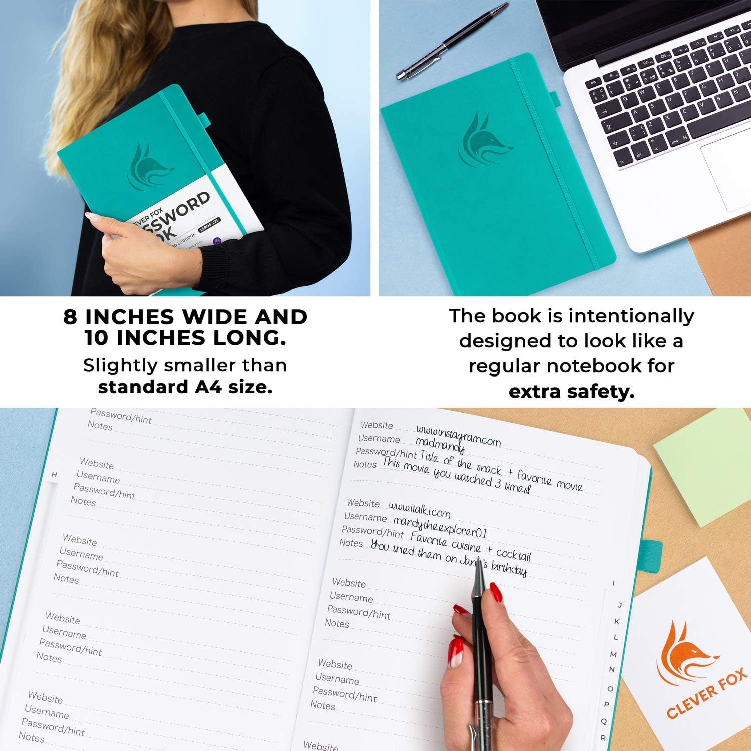 CLEVER FOX – Libro de contraseñas con pestañas. Organizador de direcciones y contraseñas de Internet con pestañas alfabéticas. Cuaderno grande de