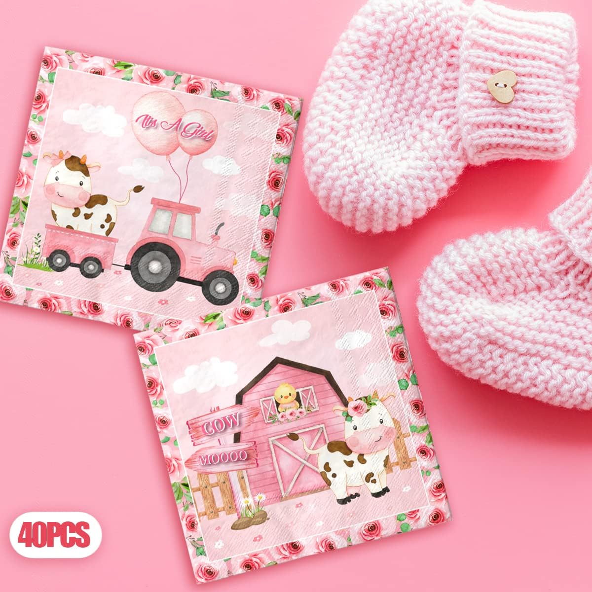 Servilletas de animales de granja, 40 unidades, decoraciones de fiesta de vaca rosa para niñas, diseño de animales de granja, servilletas de papel