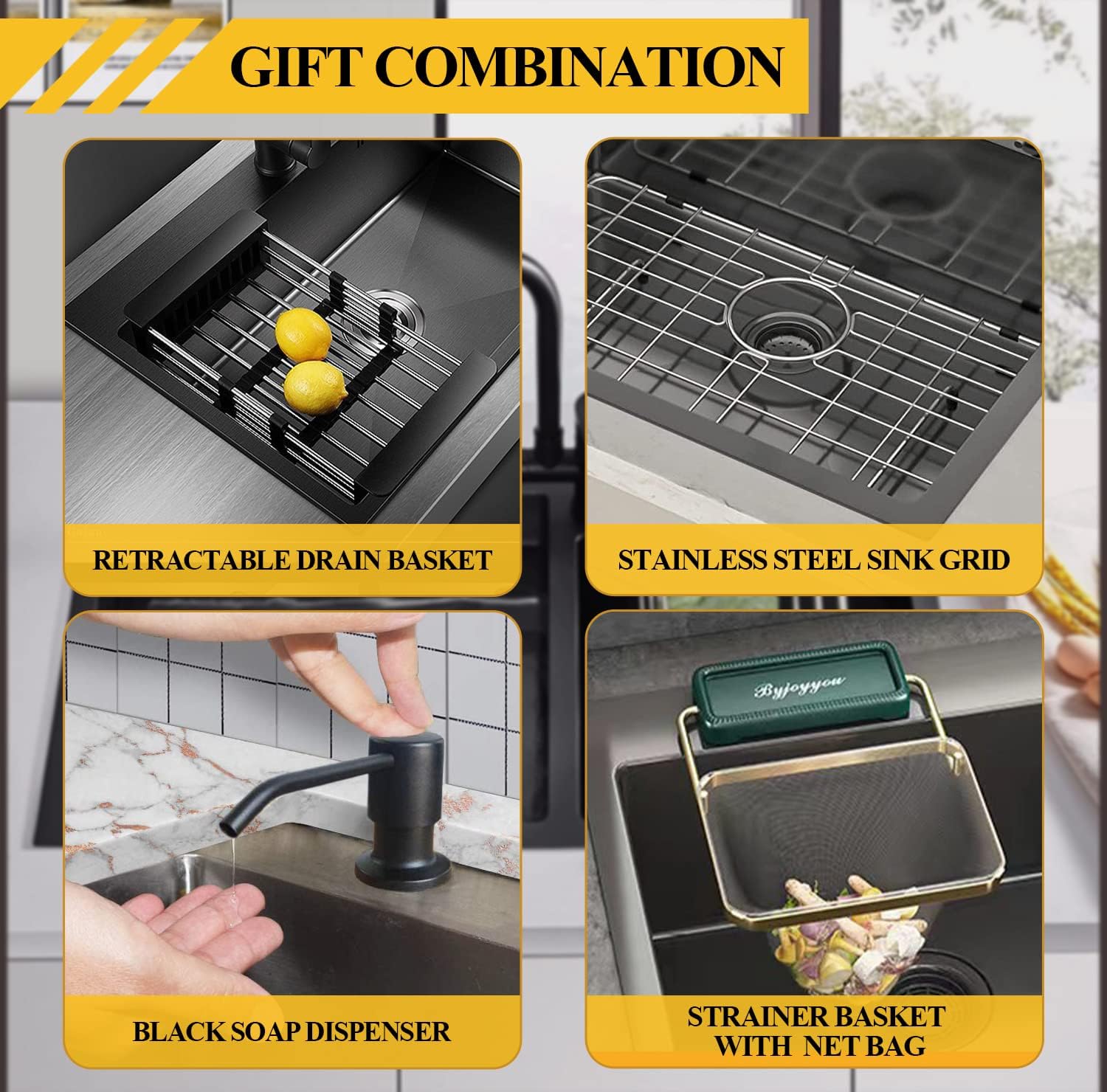 Fregadero de cocina negro, fregadero de barra de acero inoxidable de 22 x 18 x 9 pulgadas, fregadero de cocina con rejilla de fregadero combinado,