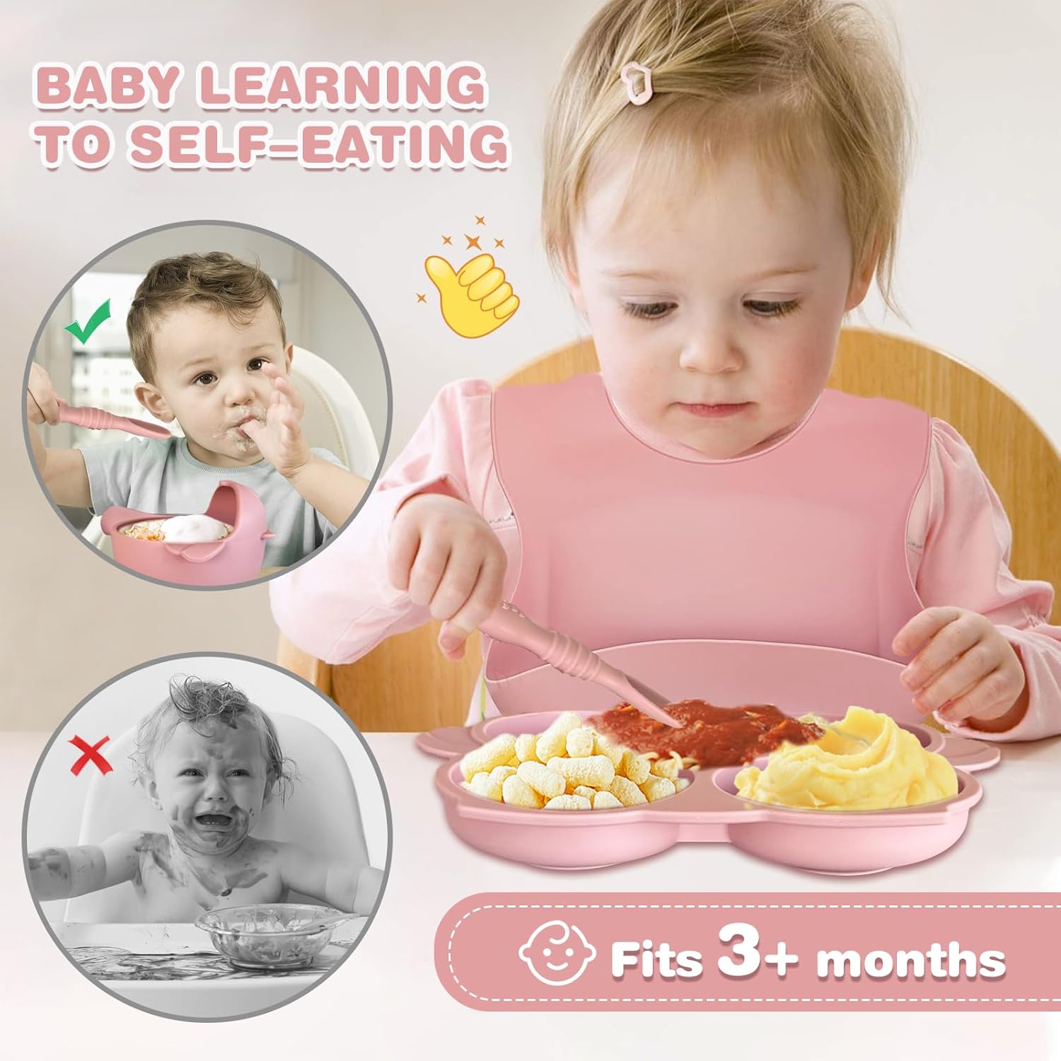 Baby Led Weaning Supplies – Juego de 10 piezas de silicona para bebés, precuchara y tenedor, babero ajustable, cuenco de silicona con succión para