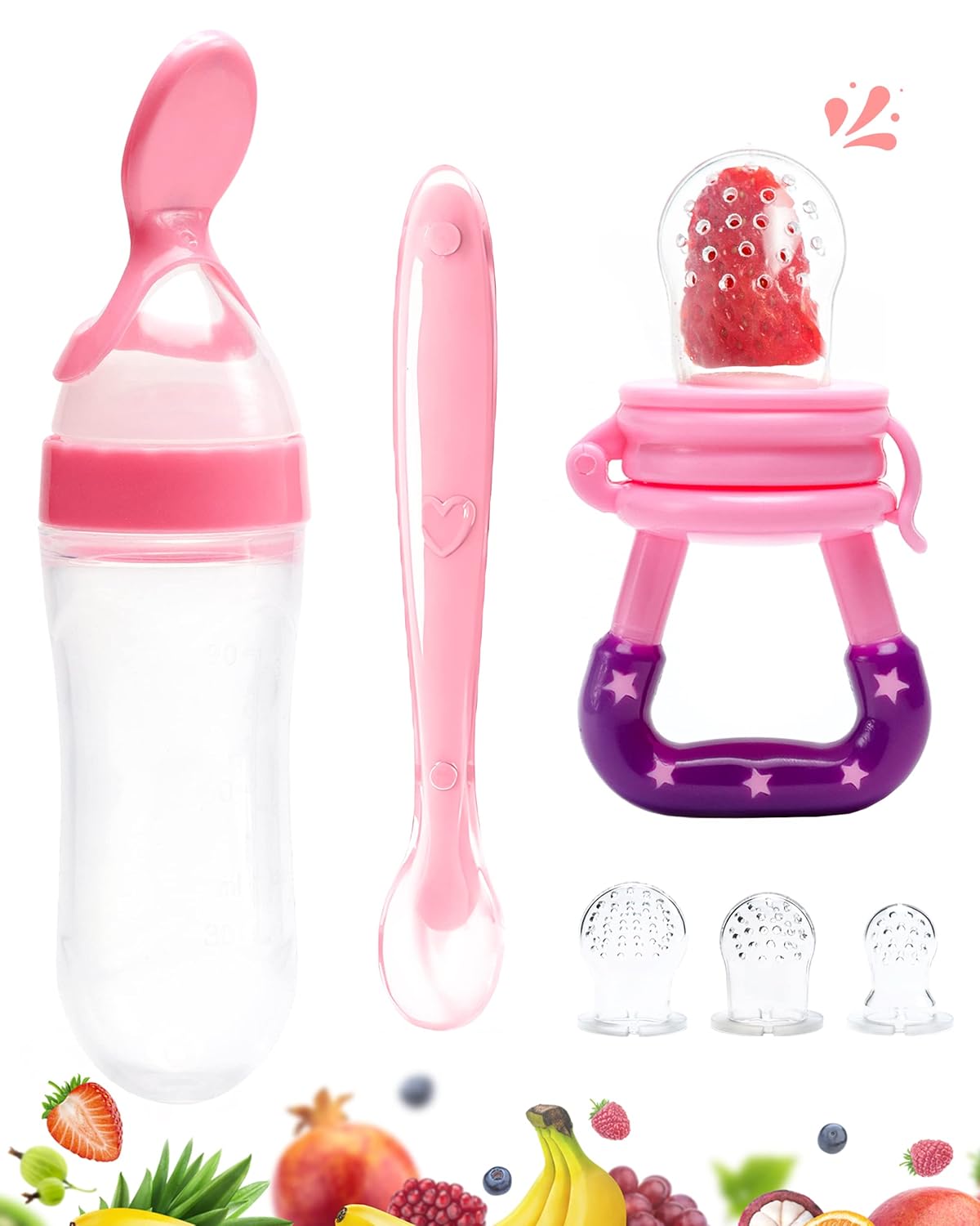 Chupete alimentador de frutas para bebés, paquete de 3, 1 chupete de silicona para bebés y 1 dispensador de cuchara de comida para bebés y 1 cuchara
