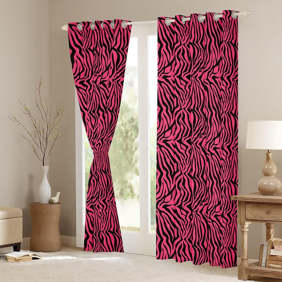 Cortinas de ventana rosa y negro para dormitorio, sala de estar, cortinas de rayas de cebra, cortinas de ventana con estampado de animales de safari