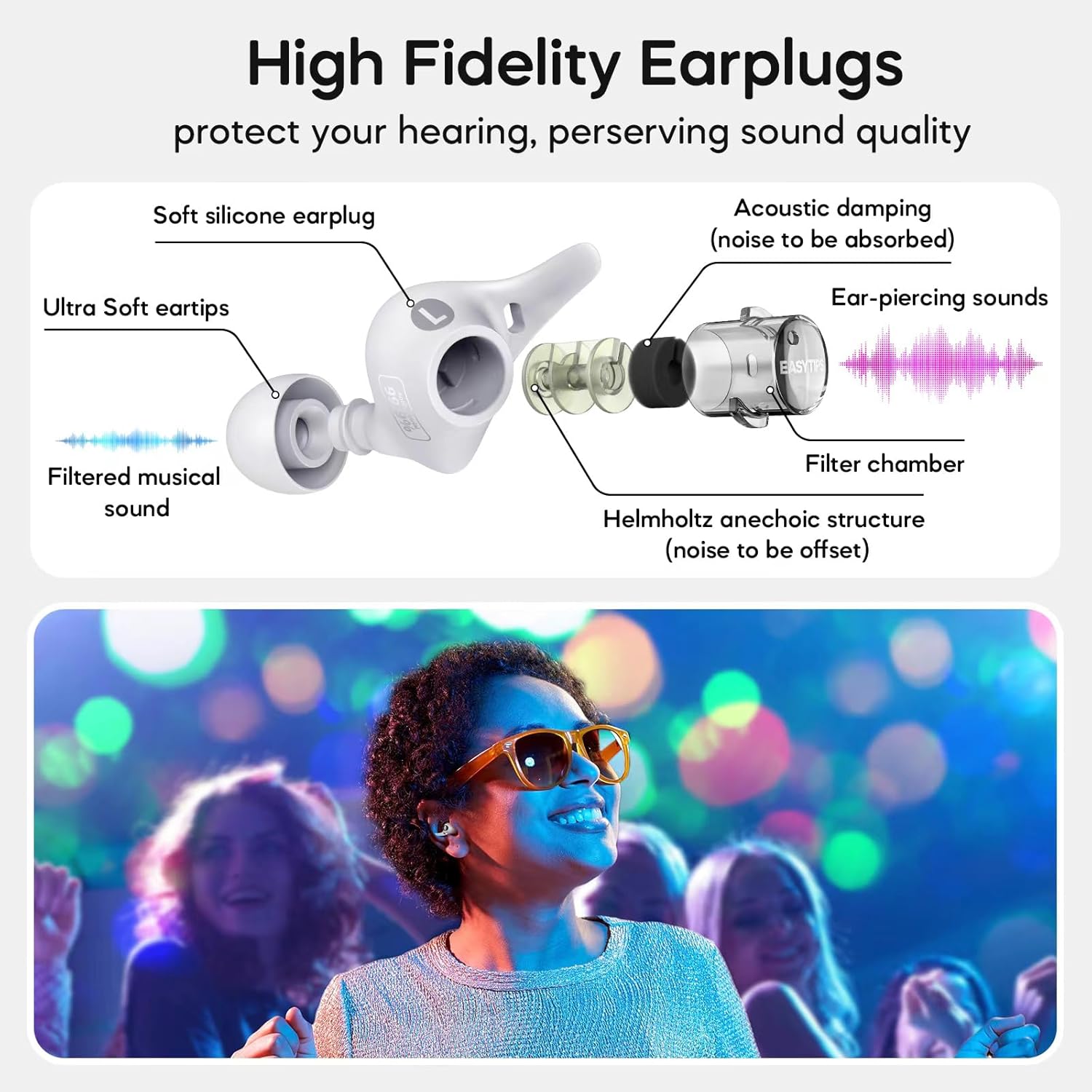 Whizzer Tapones para los oídos de concierto de alta fidelidad, tapones para los oídos de los músicos para conciertos con iones de plata