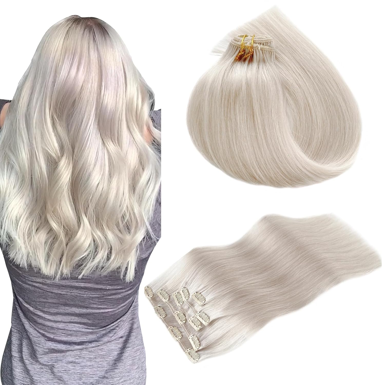 Extensiones de cabello humano con clip, de 16 pulgadas, extensiones de cabello humano real con clip, de 16 pulgadas, color negro azabache, sin